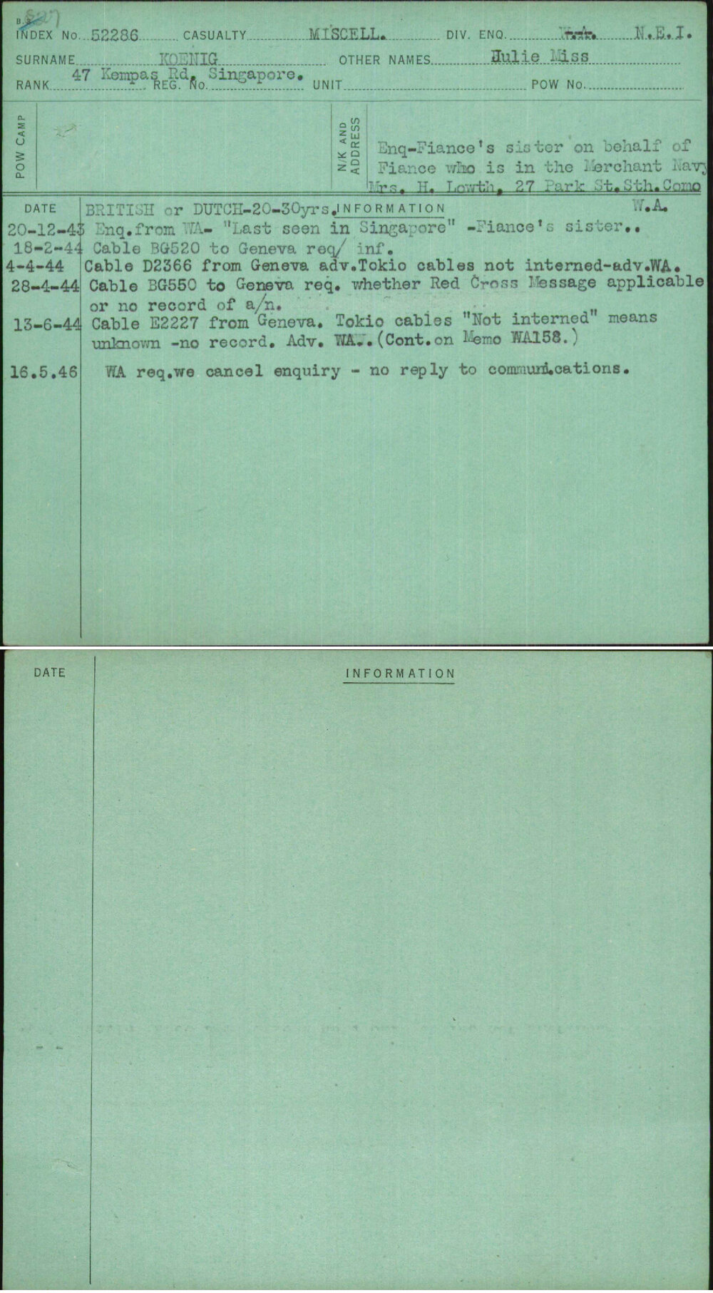 Koenig, Julie Miss, [No Service Number]