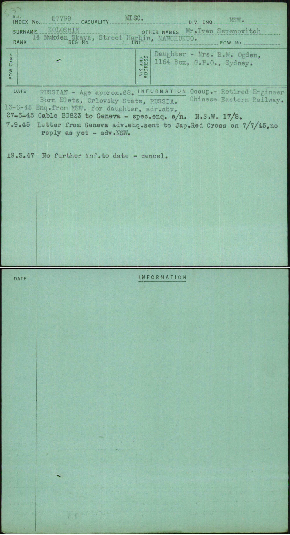 Koloshin, Mr Ivan Semenovitch, [No Service Number]