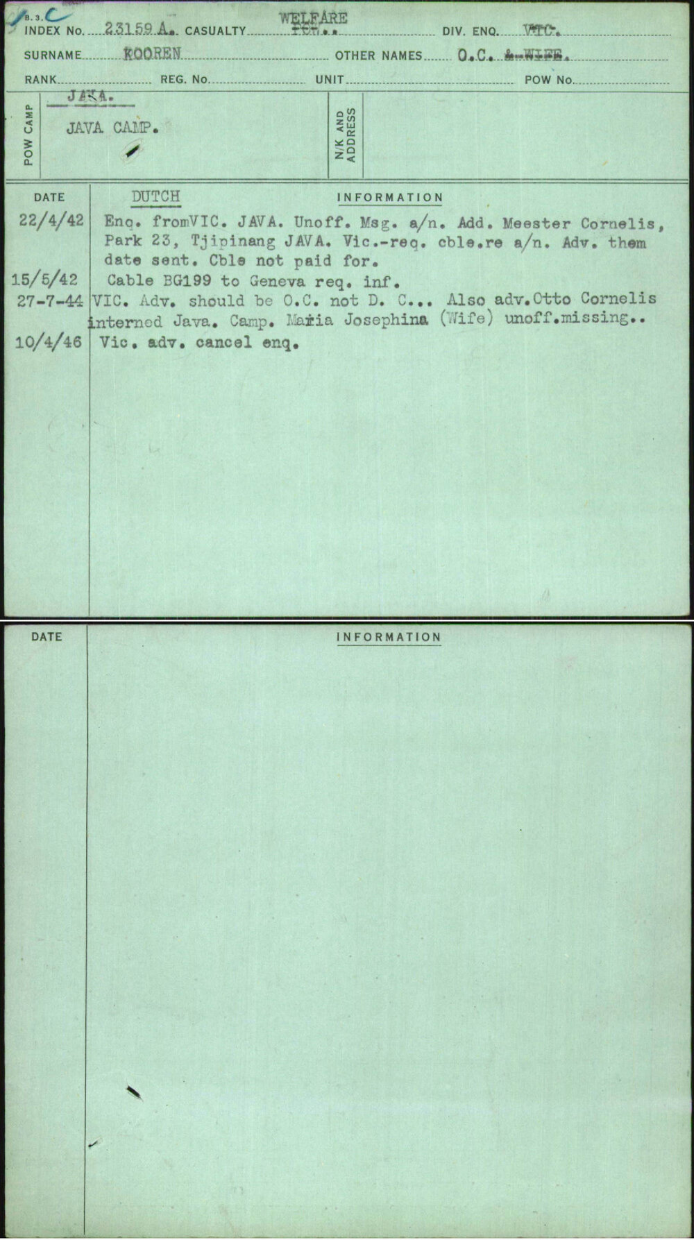 Kooren, O C, [No Service Number]