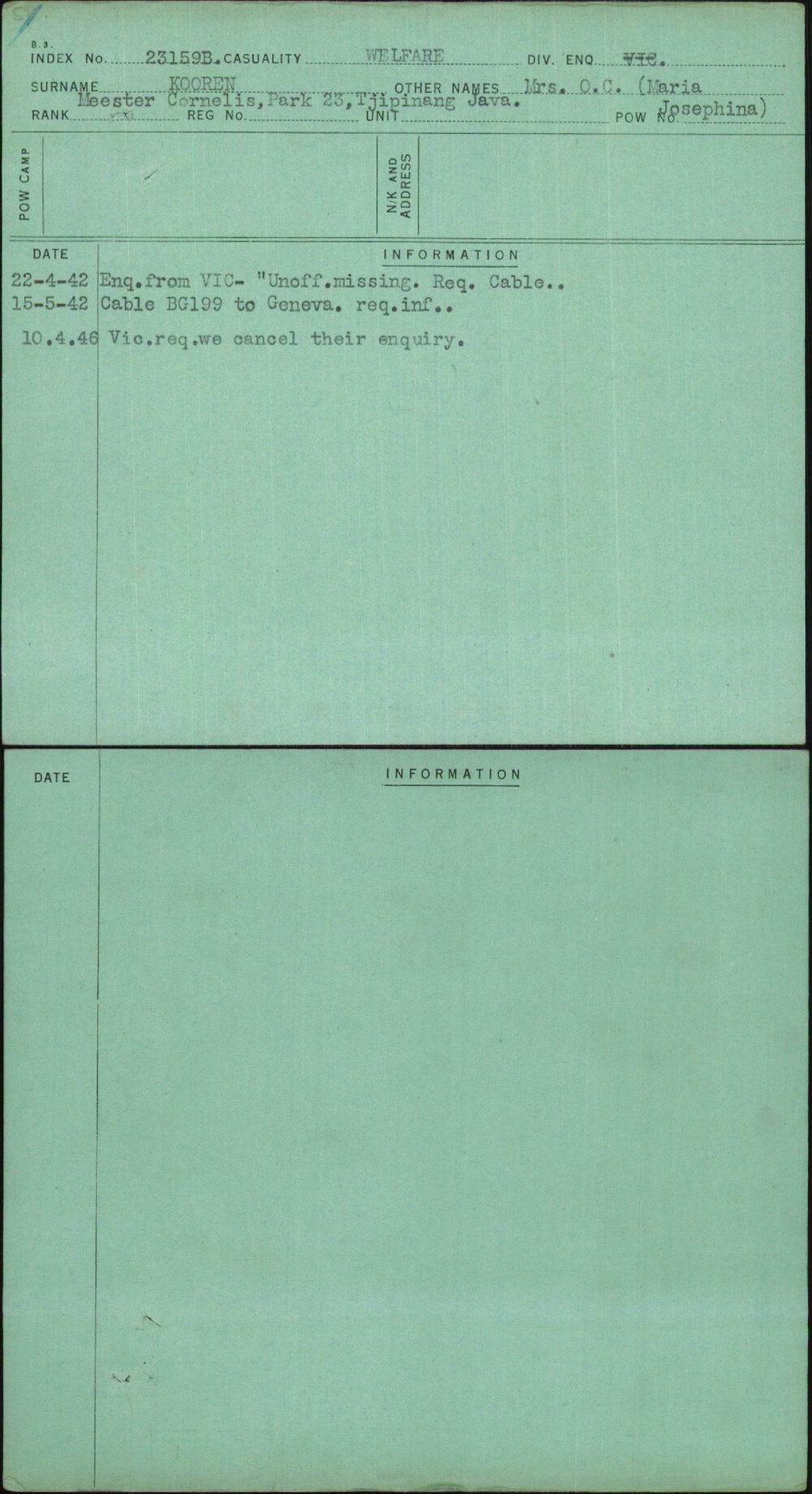 Kooren, Mrs O C (Maria Josephina), [No Service Number]