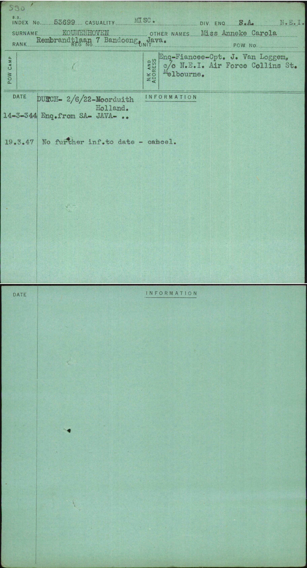 Kouwenhoven, Miss Anneke Carola, [No Service Number]