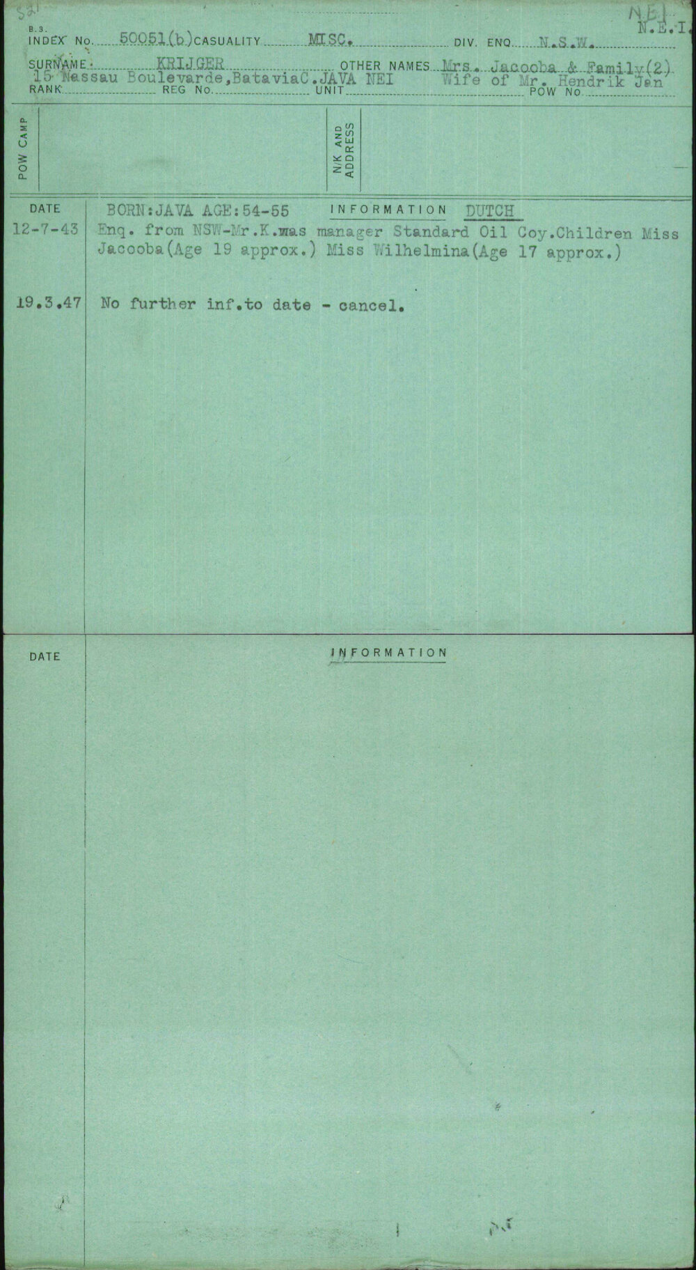 Krijger, Mrs Jacooba &amp; Family (2) Wife Of Mr Hendrik Jan, [No Service Number]