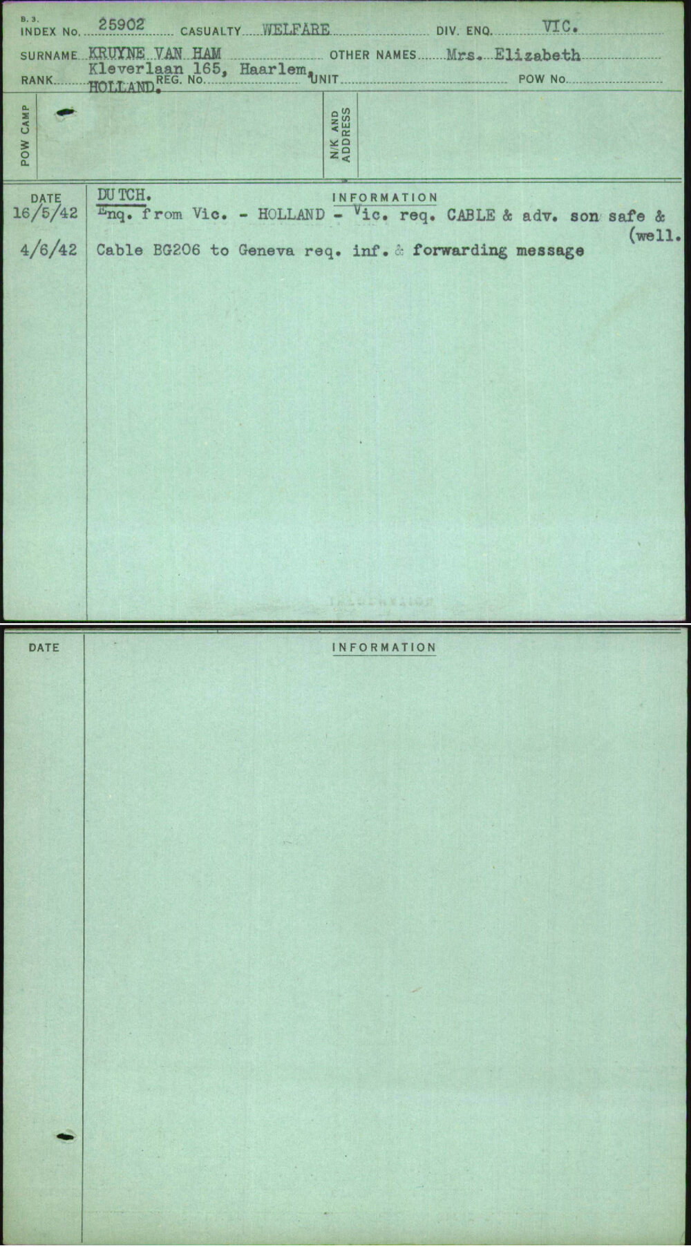 Kruyne Van Ham, Mrs Elizabeth, [No Service Number]
