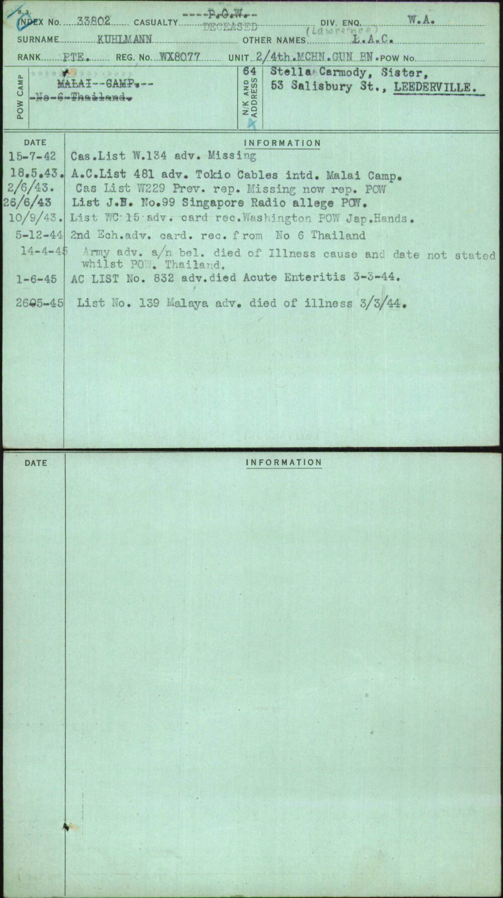 Kuhlmann, (Lawrence) A C, WX8077