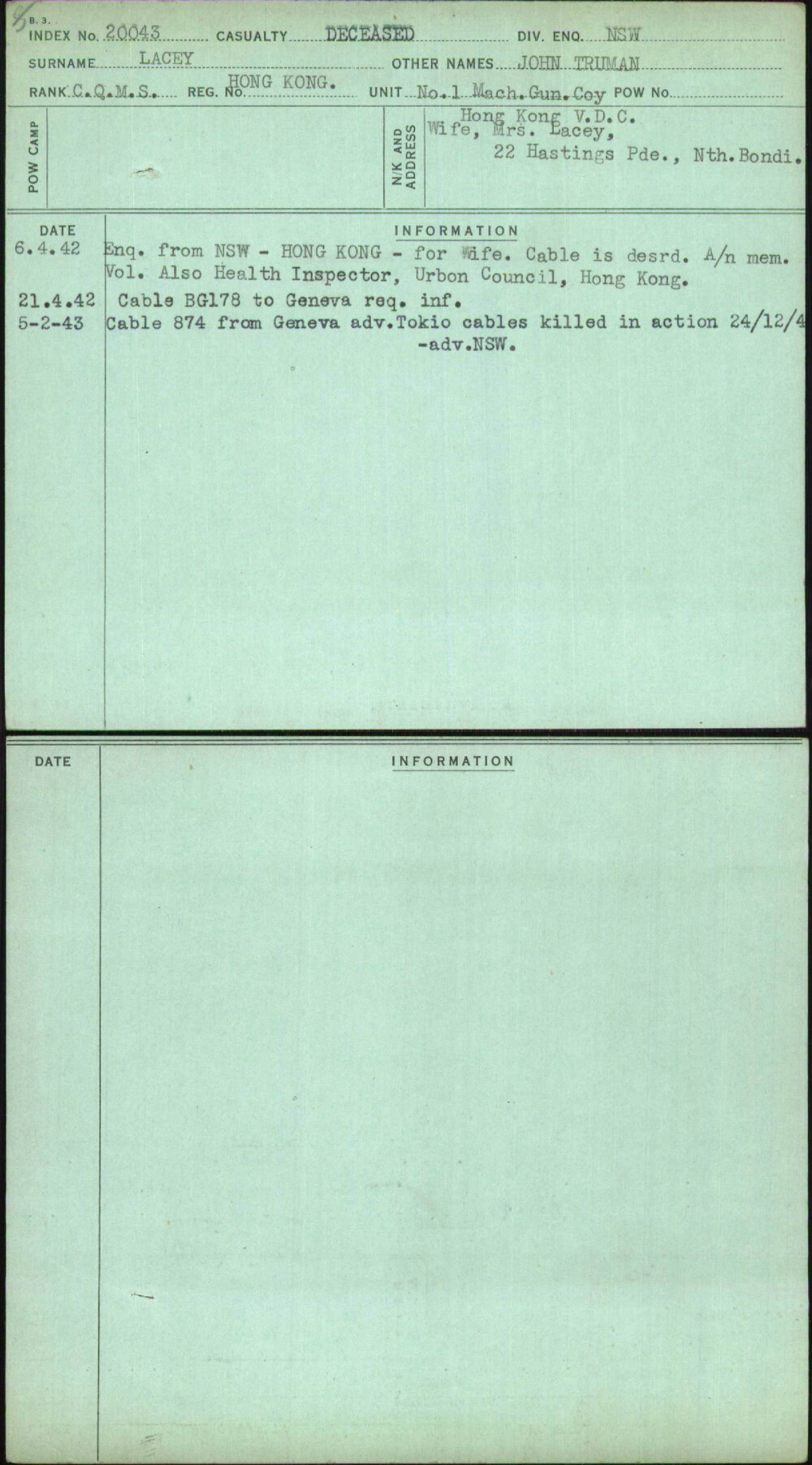 Lacey, John Truman, [No Service Number]