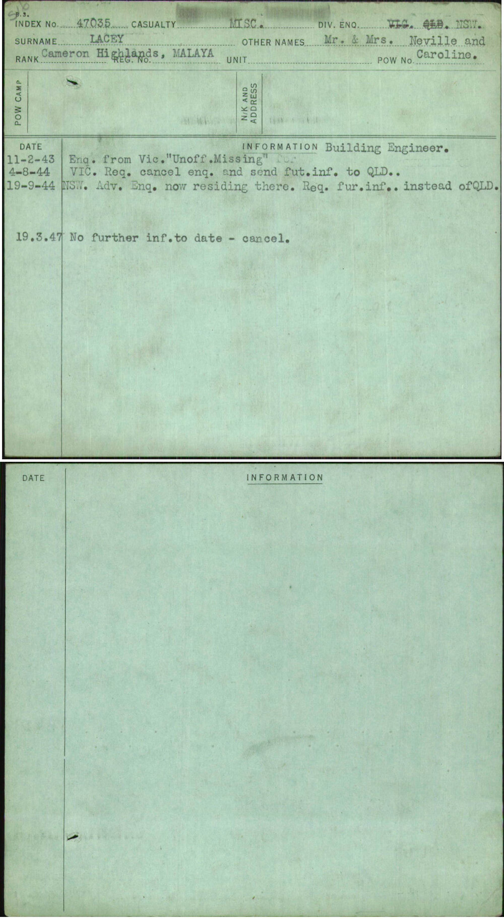 Lacey, Mr &amp; Mrs Neville And Caroline, [No Service Number]