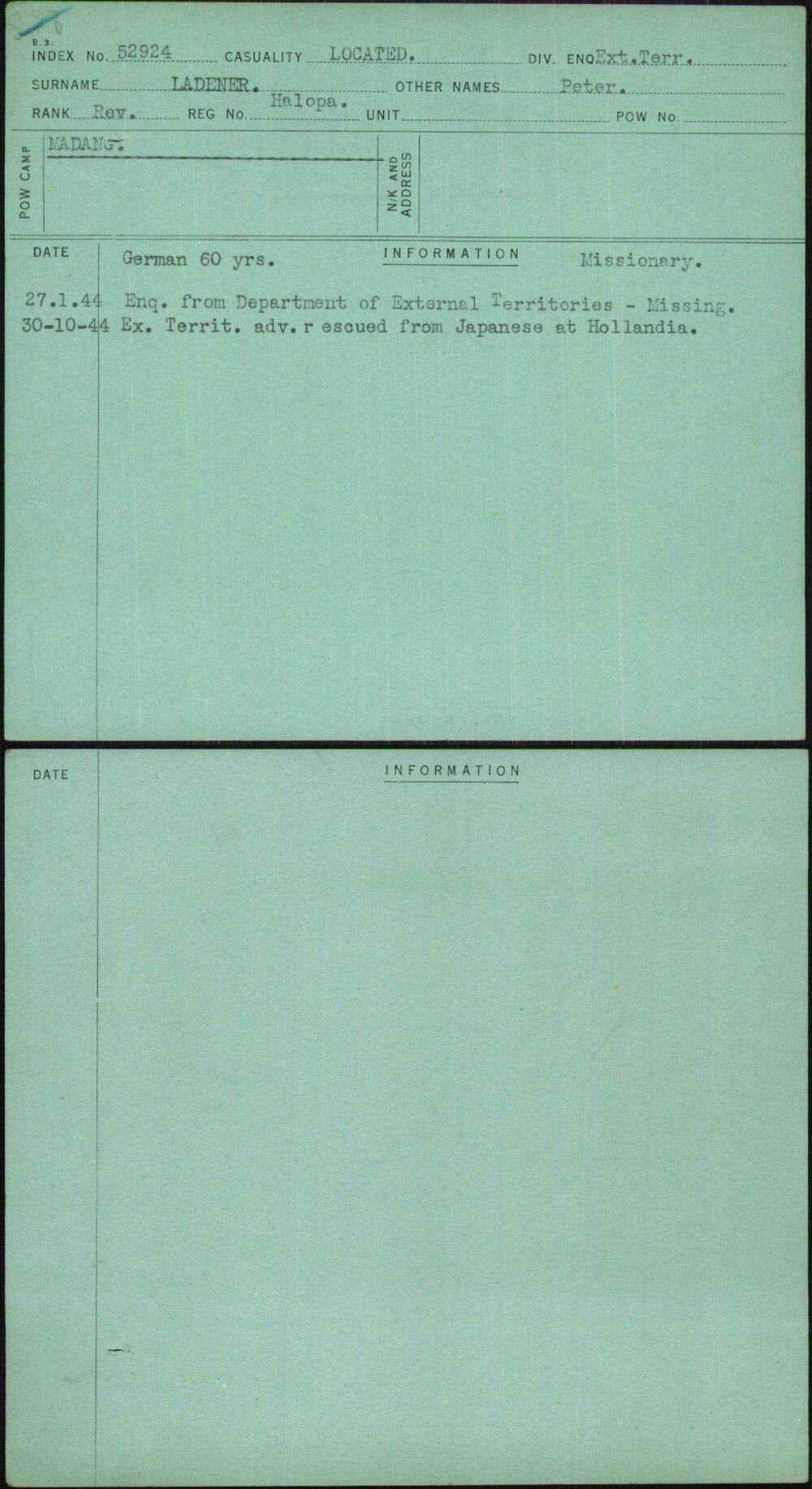 Ladener, Peter, [No Service Number]