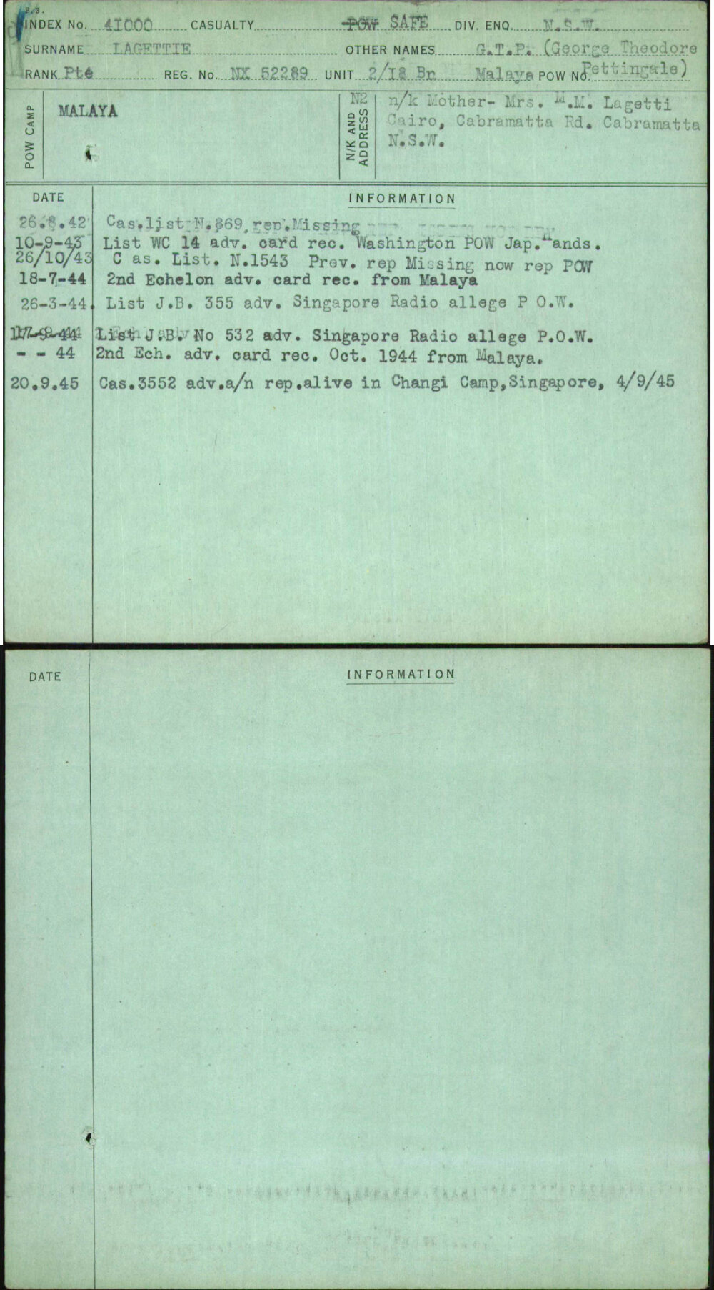 Lagettie, G T P (George Theodore Pettingale), NX52289