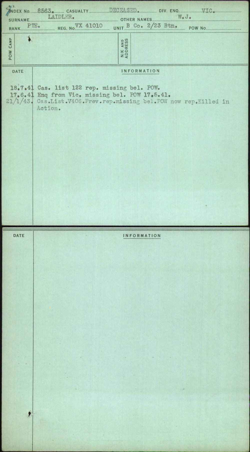Laidler, W J, VX41010
