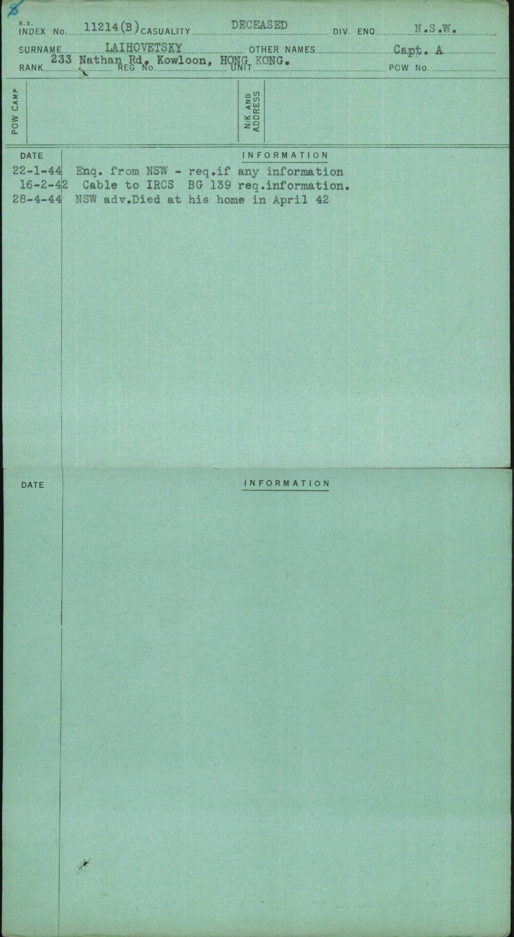 Laihovetsky, Capt A, [No Service Number]