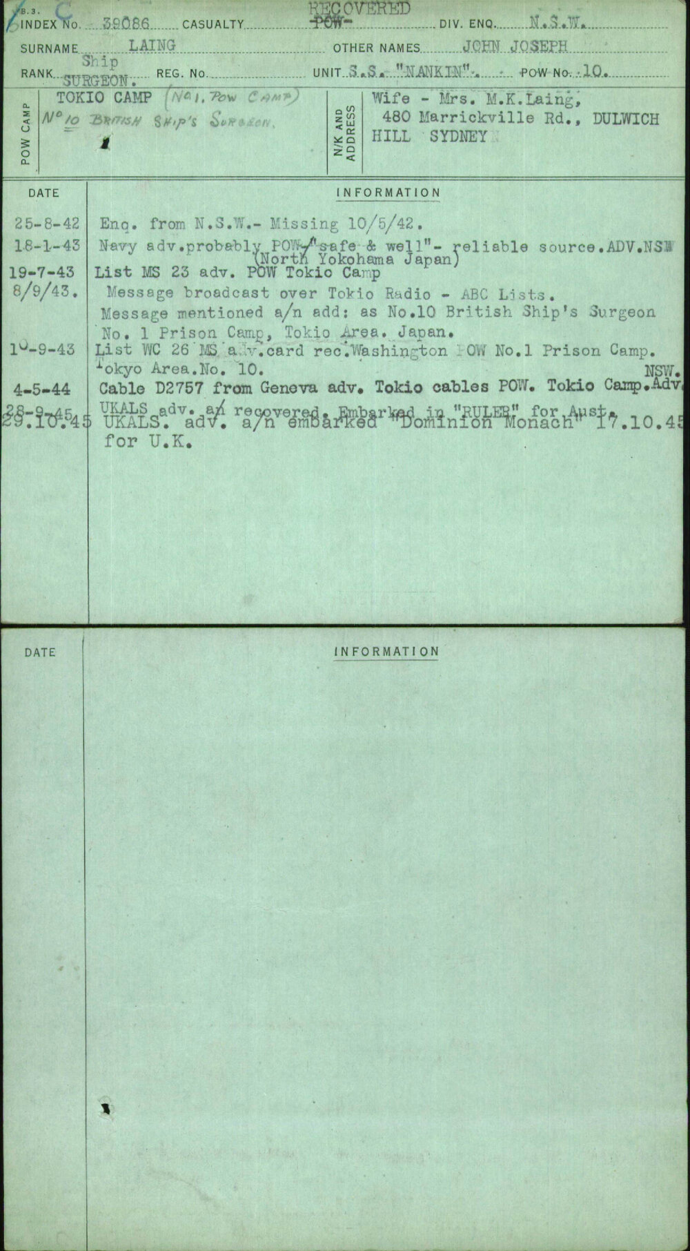 Laing, John Joseph, [No Service Number]
