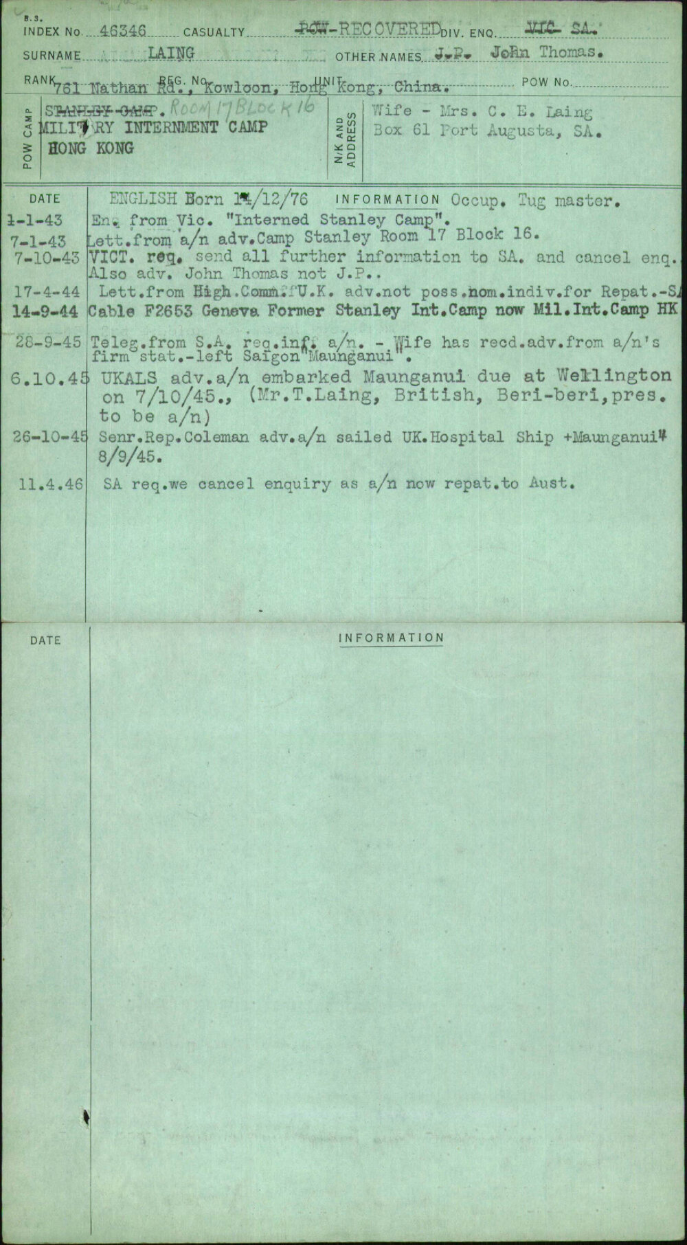 Laing, John Thomas, [No Service Number]