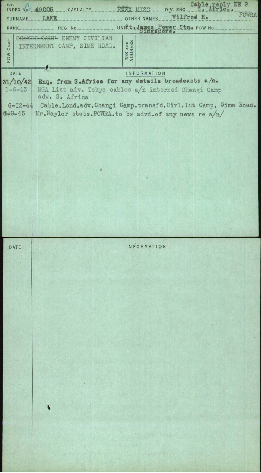 Lake, Wilfred H, [No Service Number]