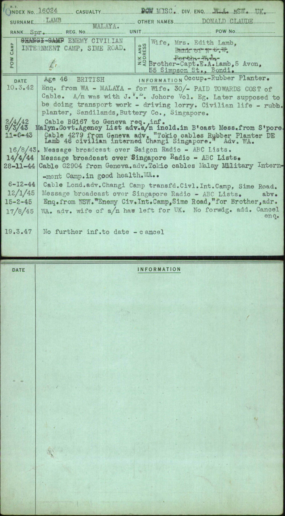 Lamb, Donald Claude, Malaya
