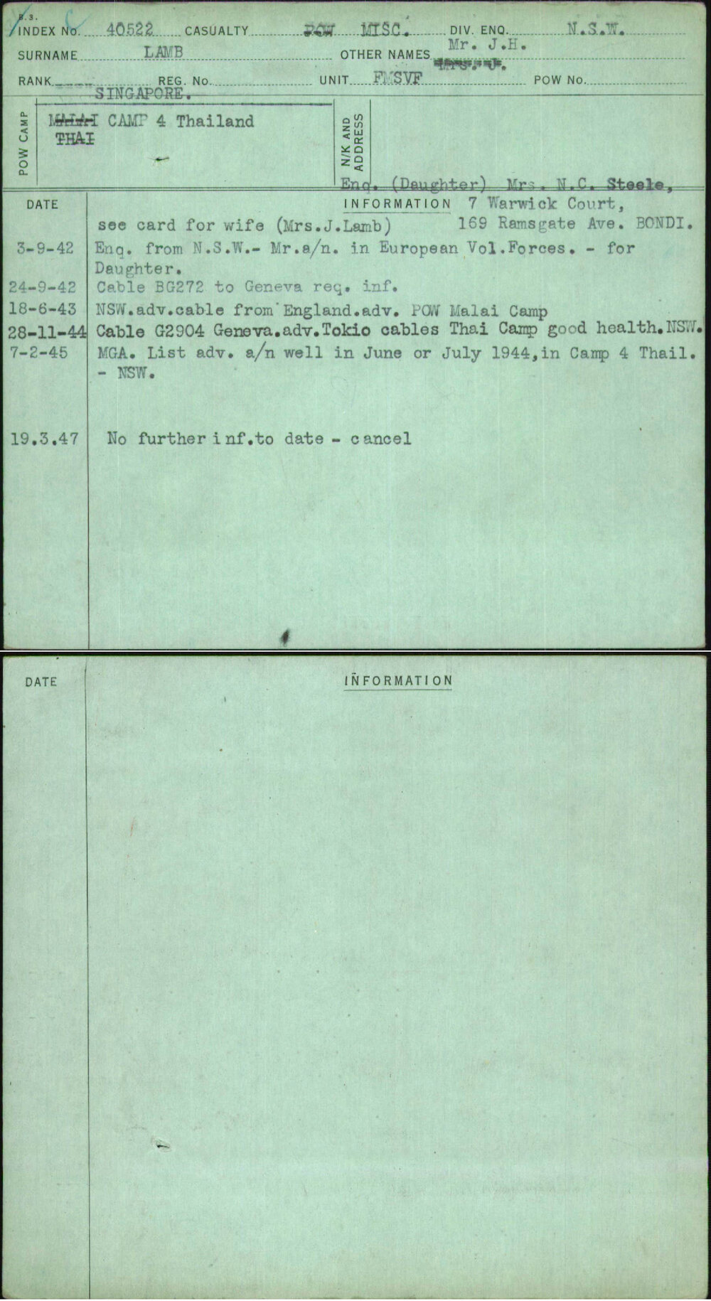 Lamb, Mr J H, [No Service Number]