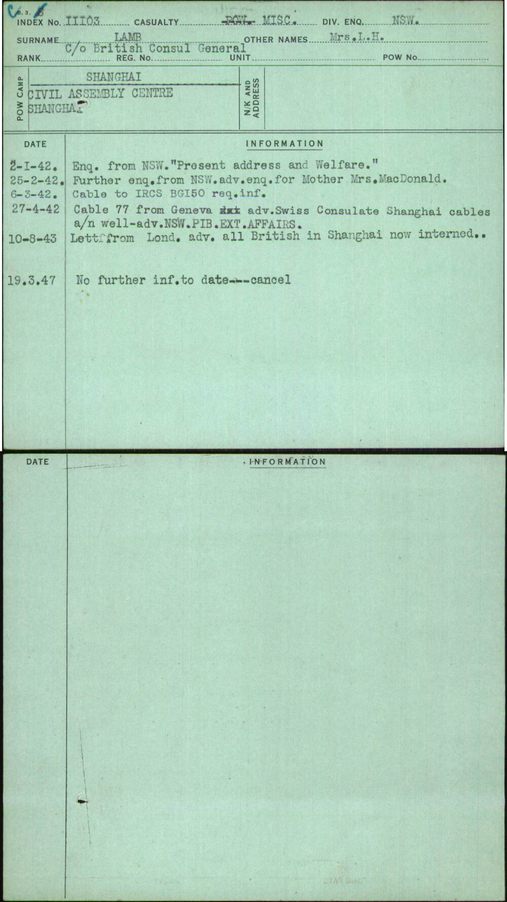 Lamb, Mrs L H, [No Service Number]