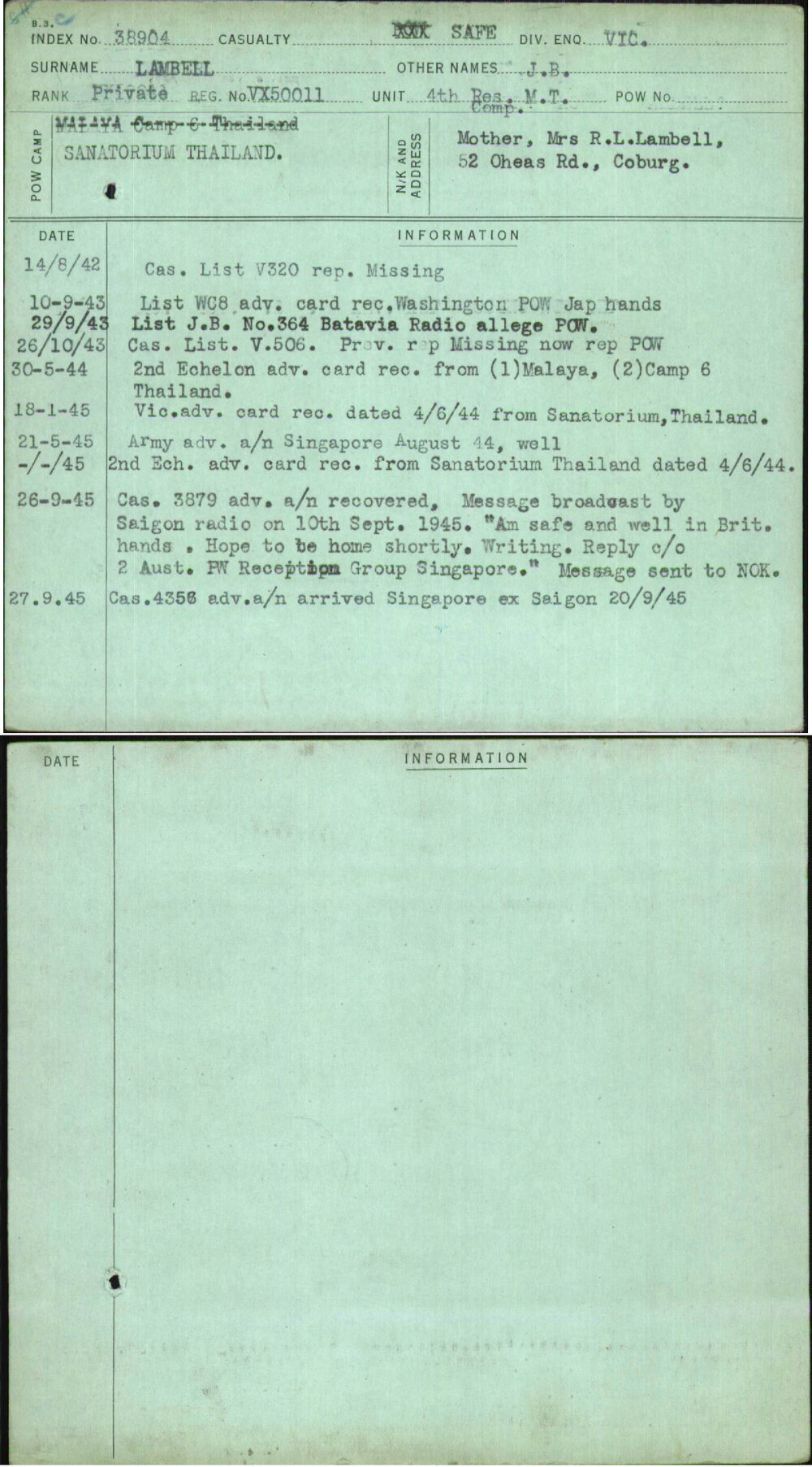 Lambell, J B, VX50011