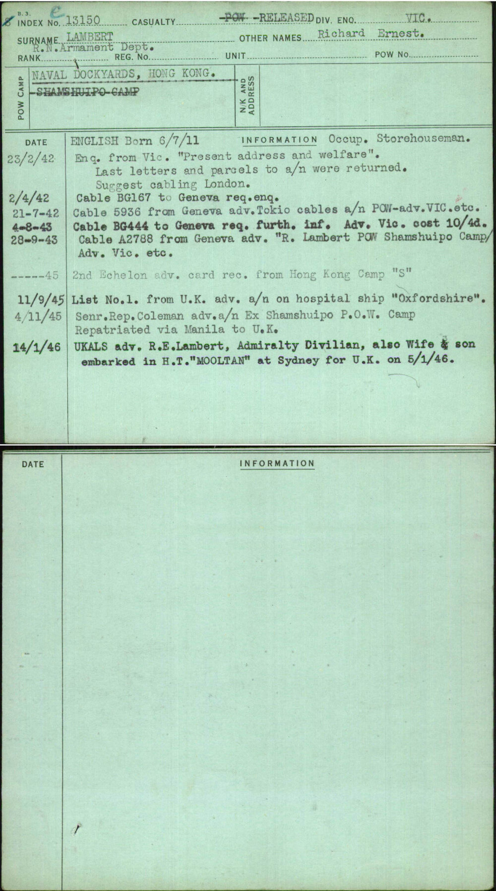 Lambert, Richard Ernest, [No Service Number]