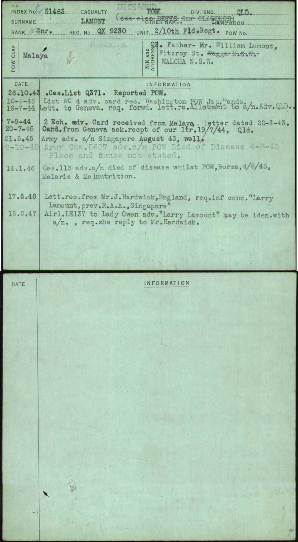 Lamont, Lawrence, QX9230