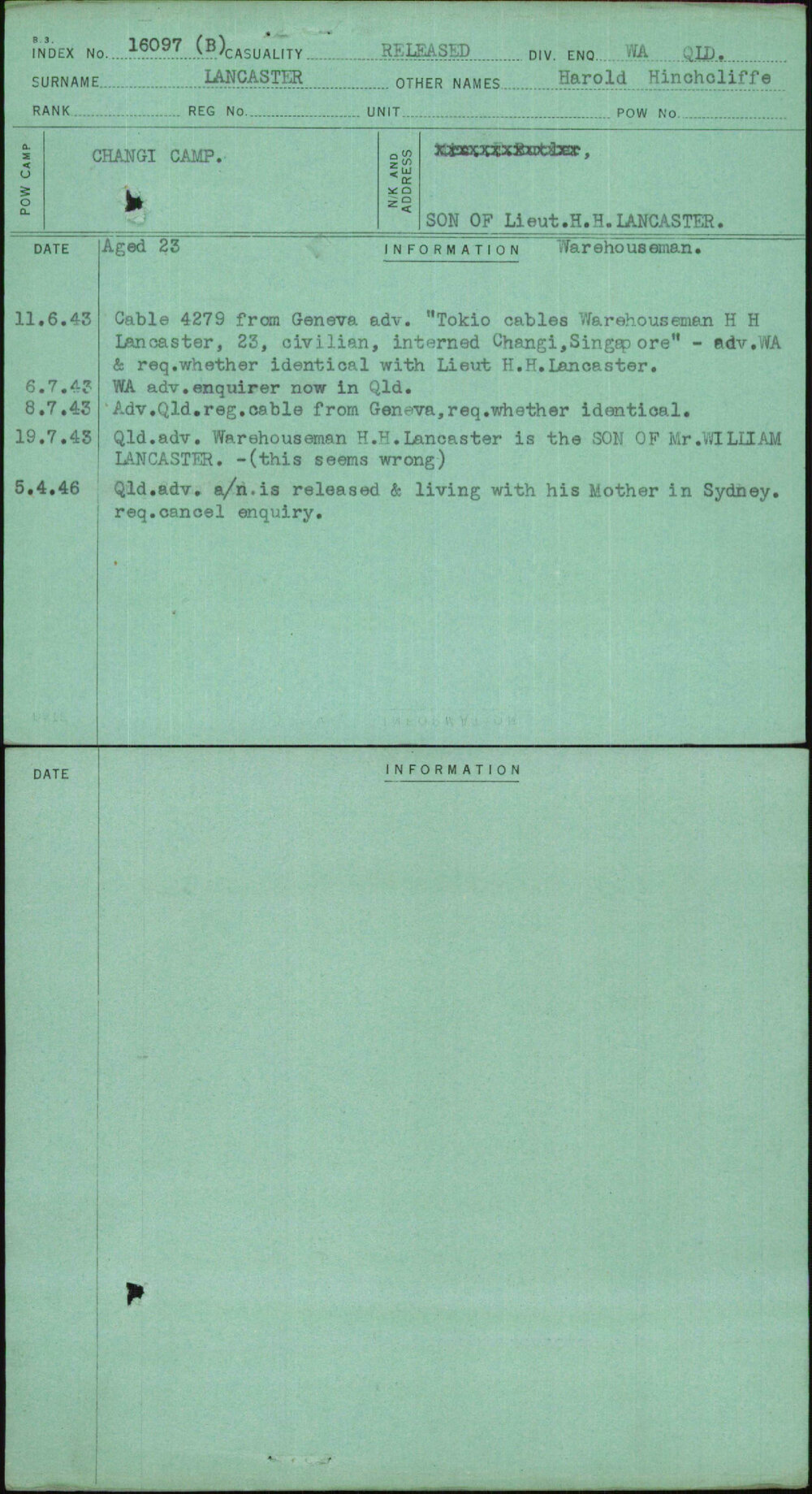 Lancaster, Harold Hinchcliffe, [No Service Number]