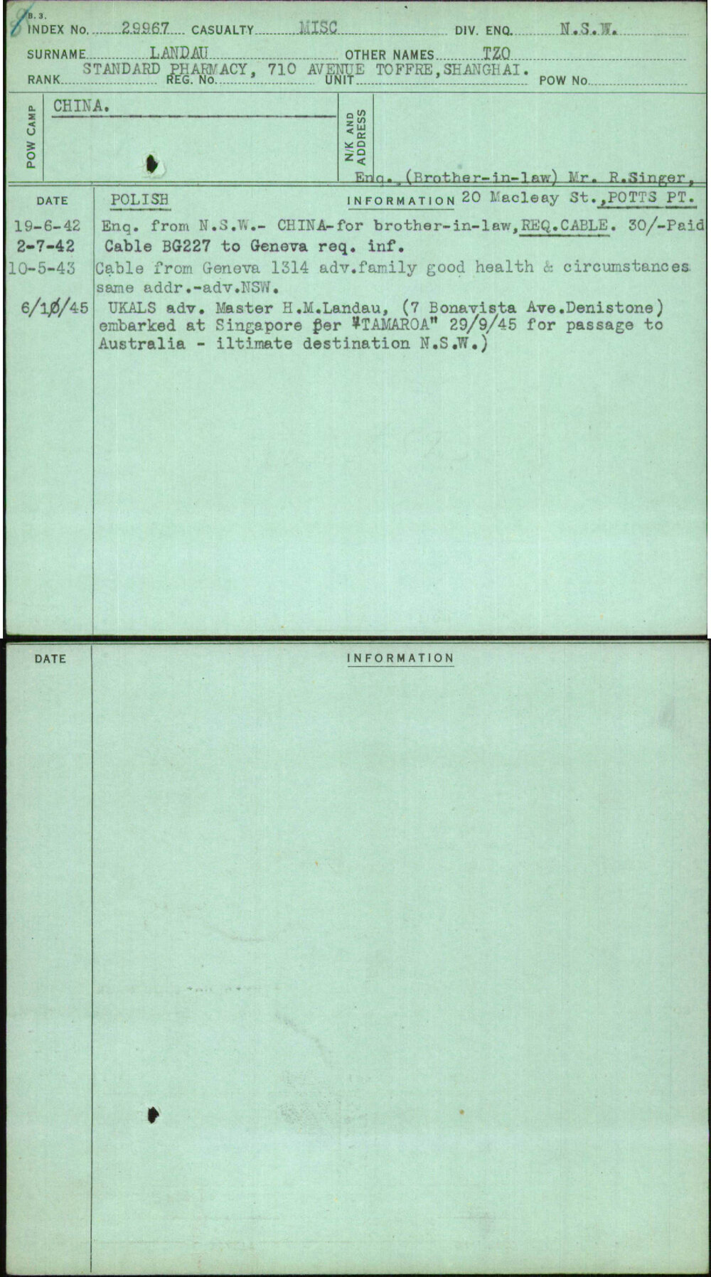 Landau, Tzo, [No Service Number]