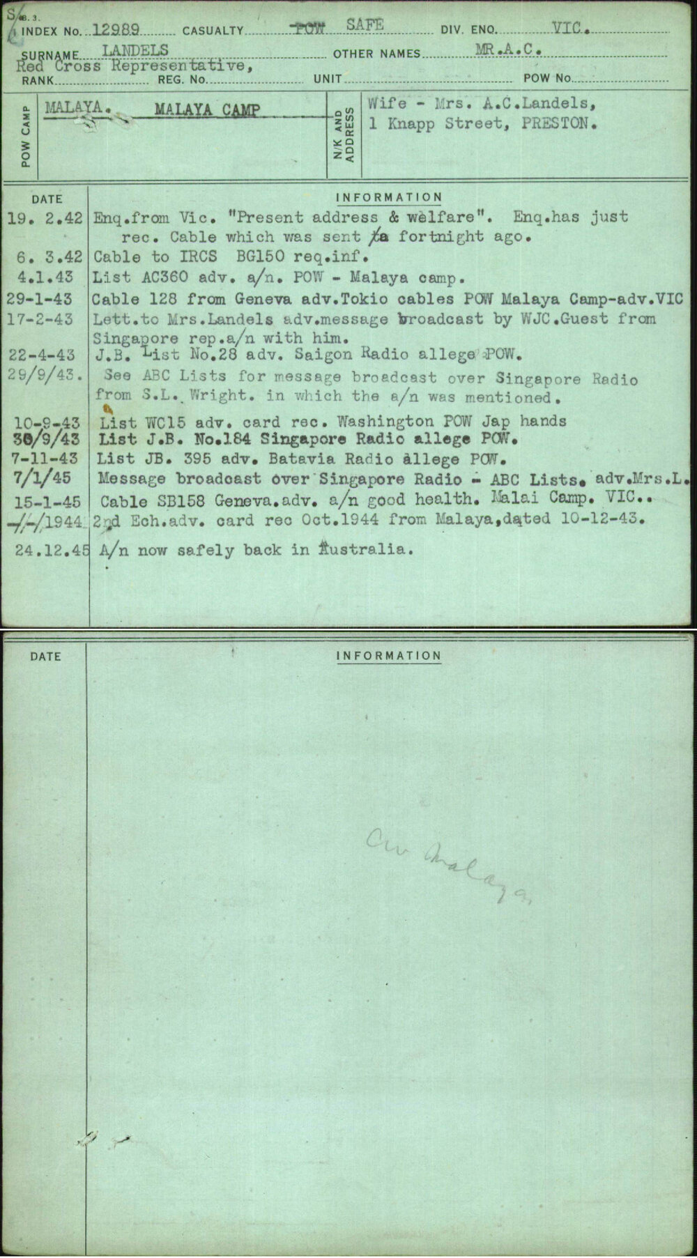 Landels, Mr A C, [No Service Number]