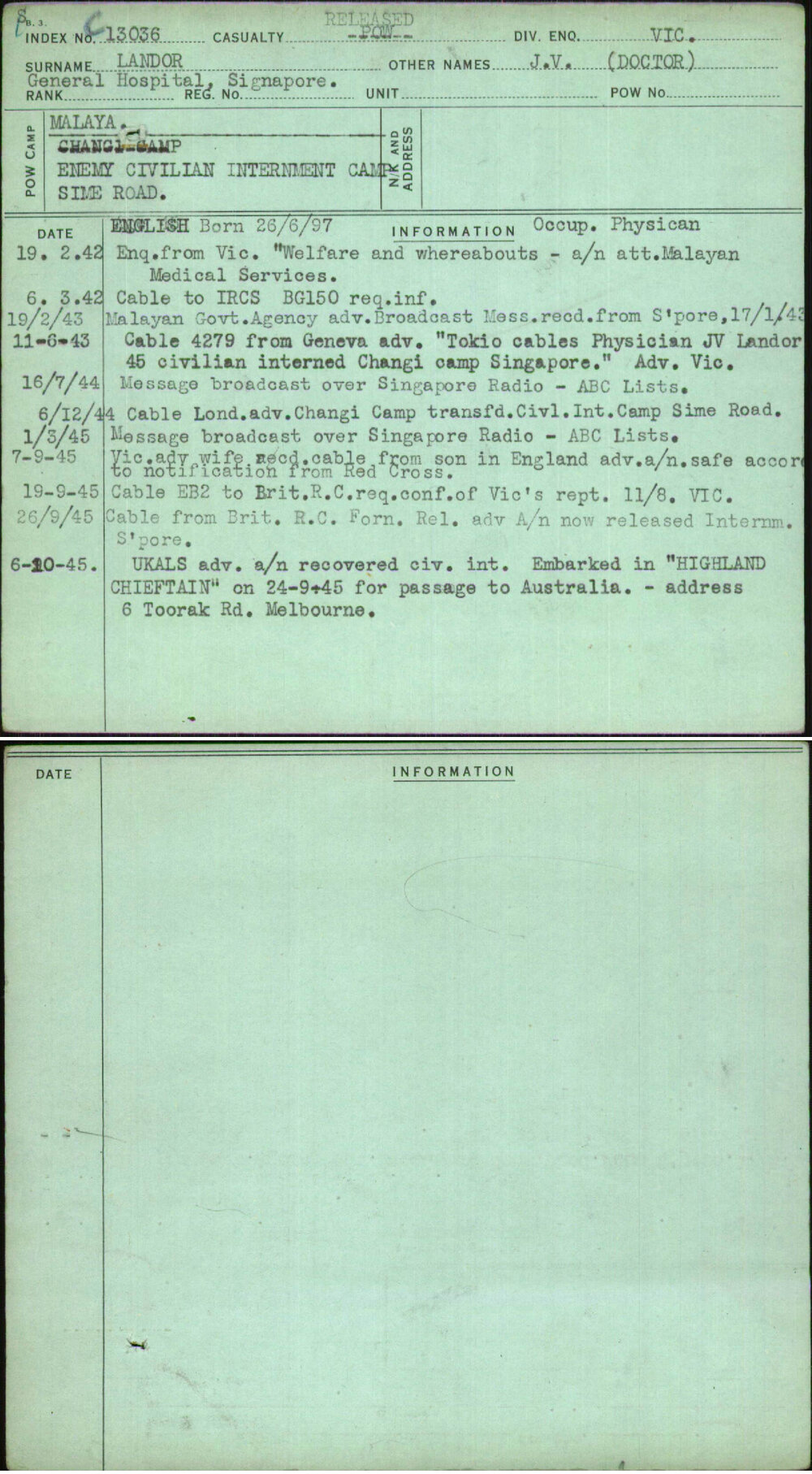 Landor, J V (Doctor), [No Service Number]