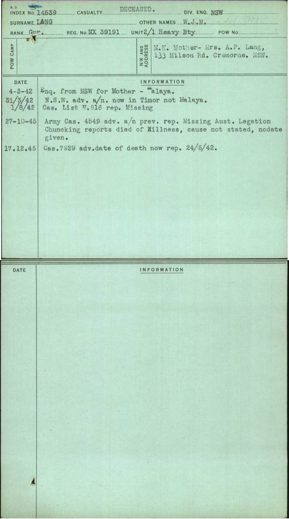 Lang, W J M, NX39191