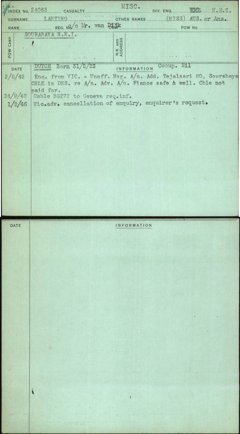 Lanting, (Miss) Aus Or Ans, C-O Mr Van Dijk