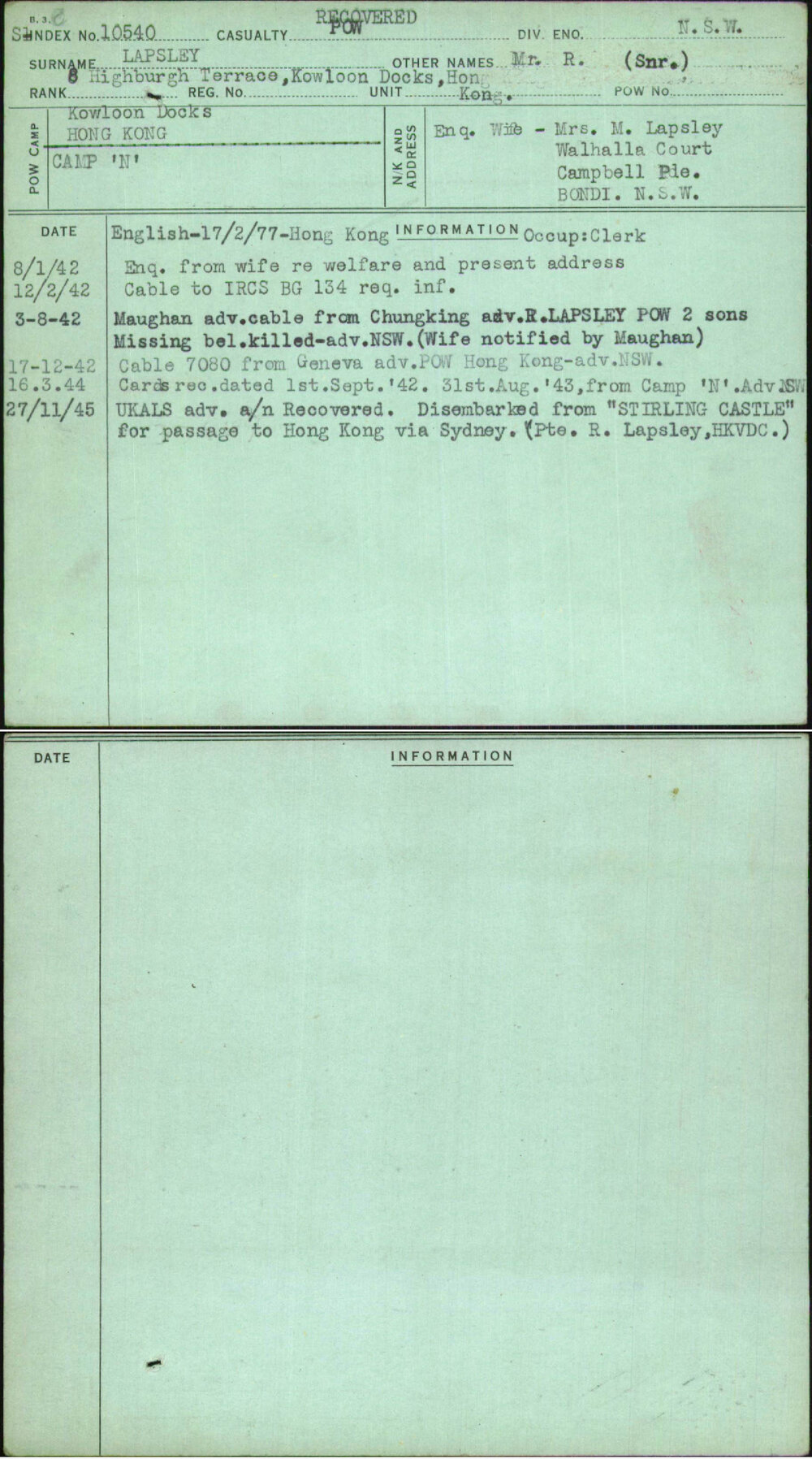 Lapsley, Mr R (Snr), [No Service Number]