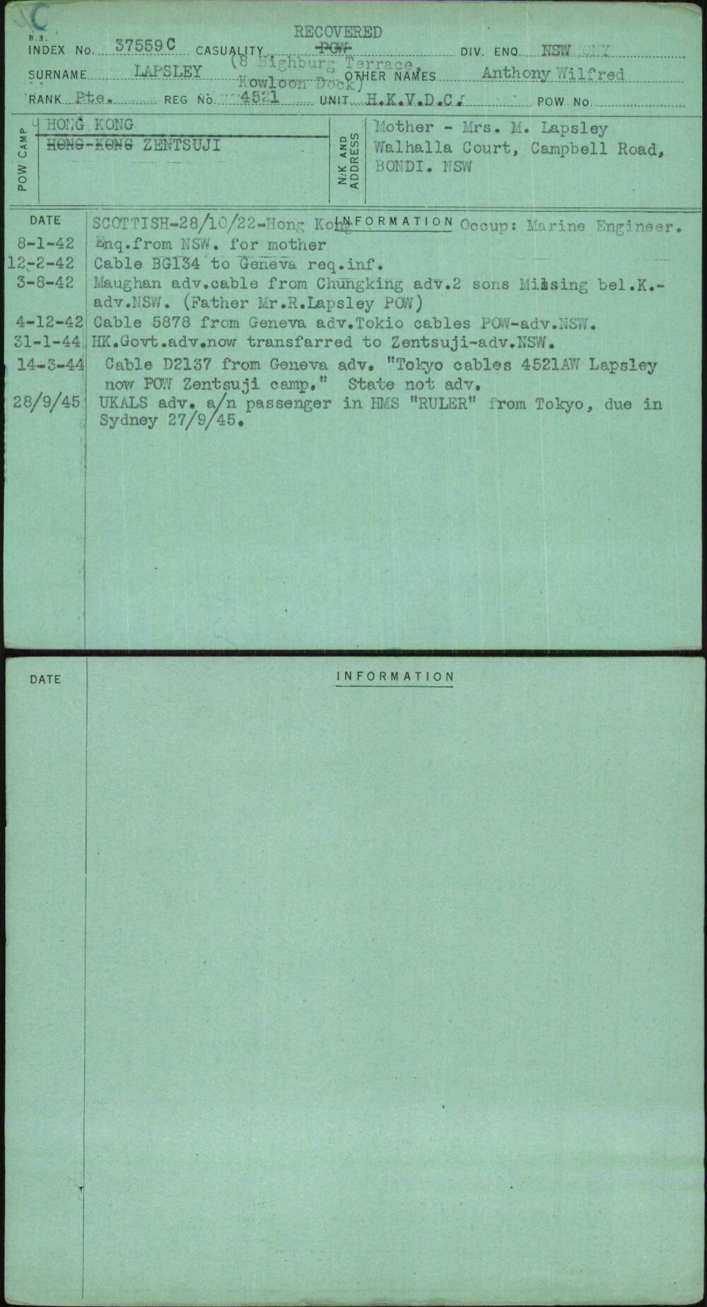 Lapsley (8 Highburg Terrace Kowloon Dock), Anthony Wilfred, 4521