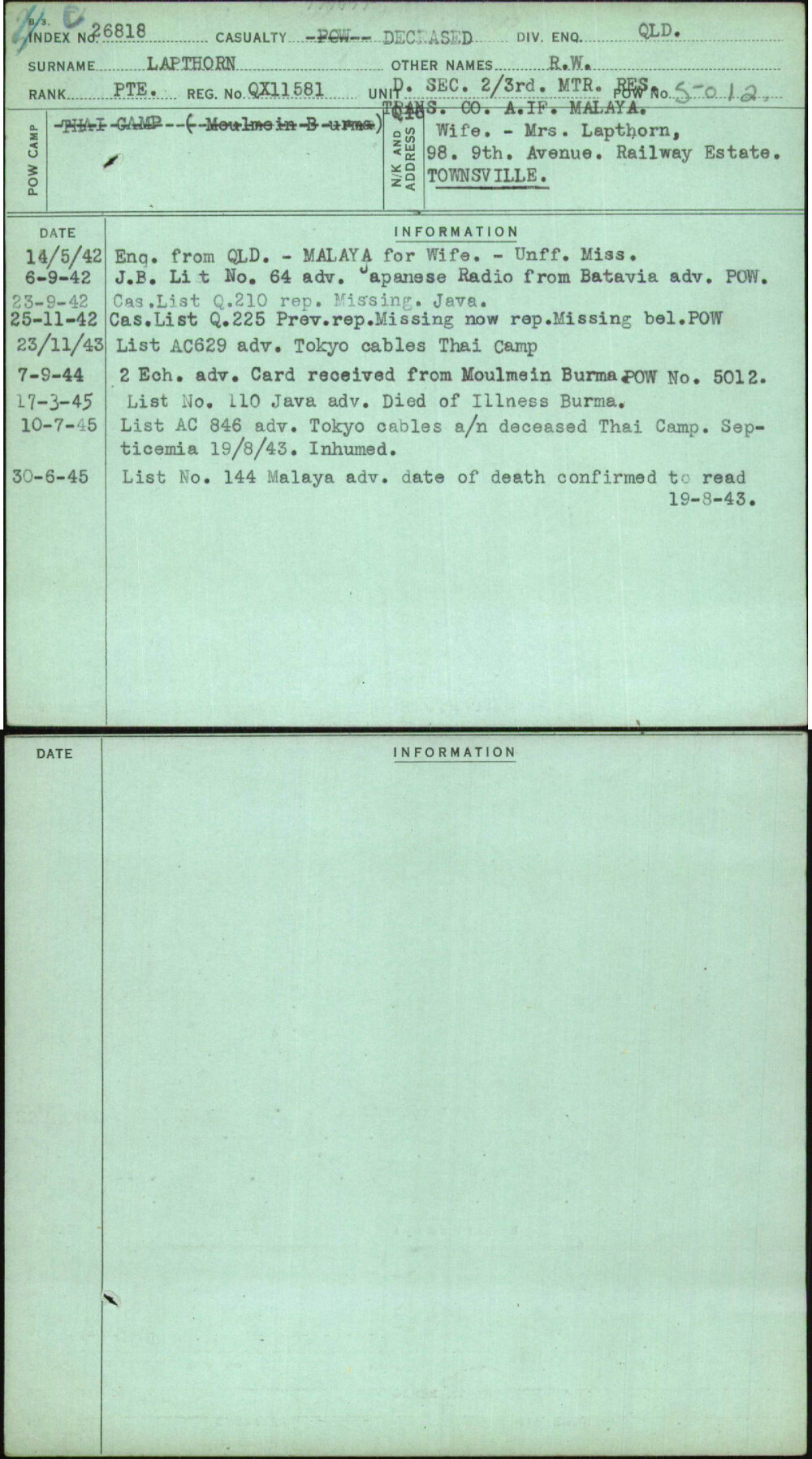 Lapthorn, R W, QX11581