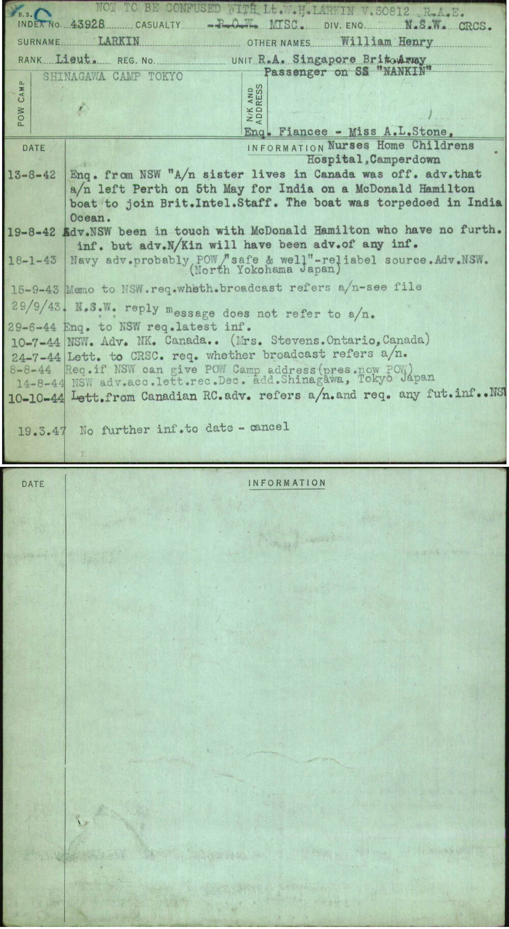 Larkin, William Henry, [No Service Number]