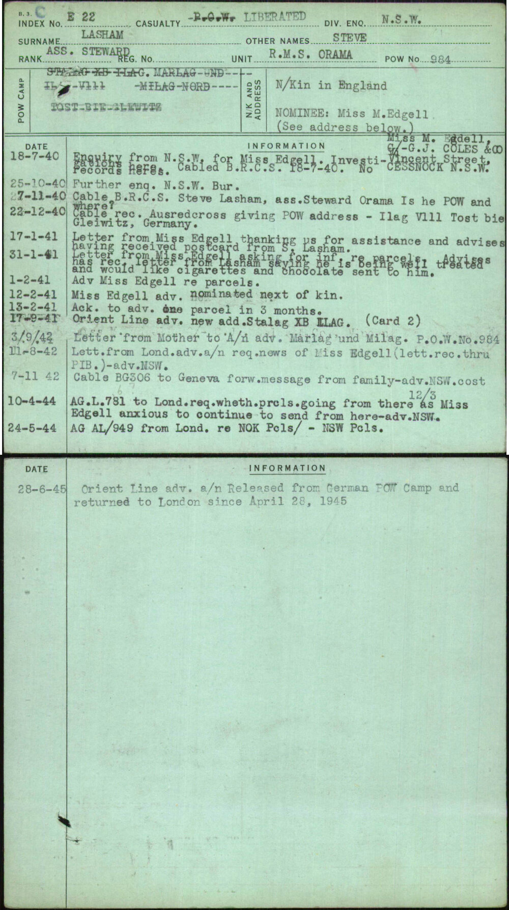 Lasham, Steve, [No Service Number]