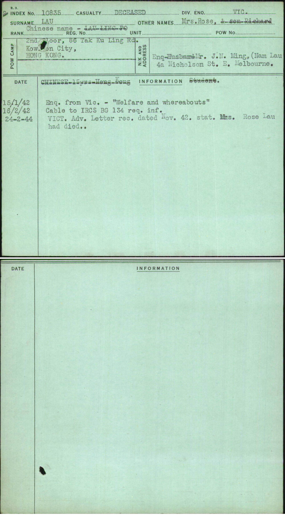 Lau, Mrs Rose, [No Service Number]