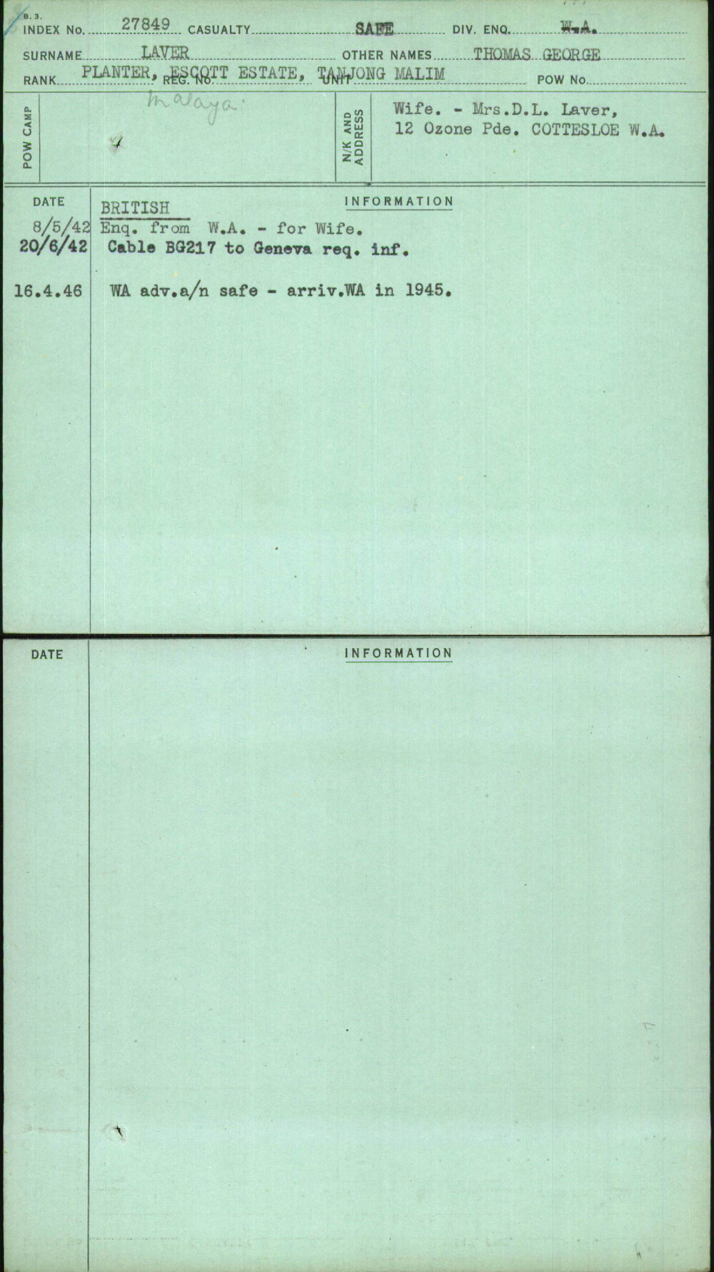 Laver, Thomas George, [No Service Number]