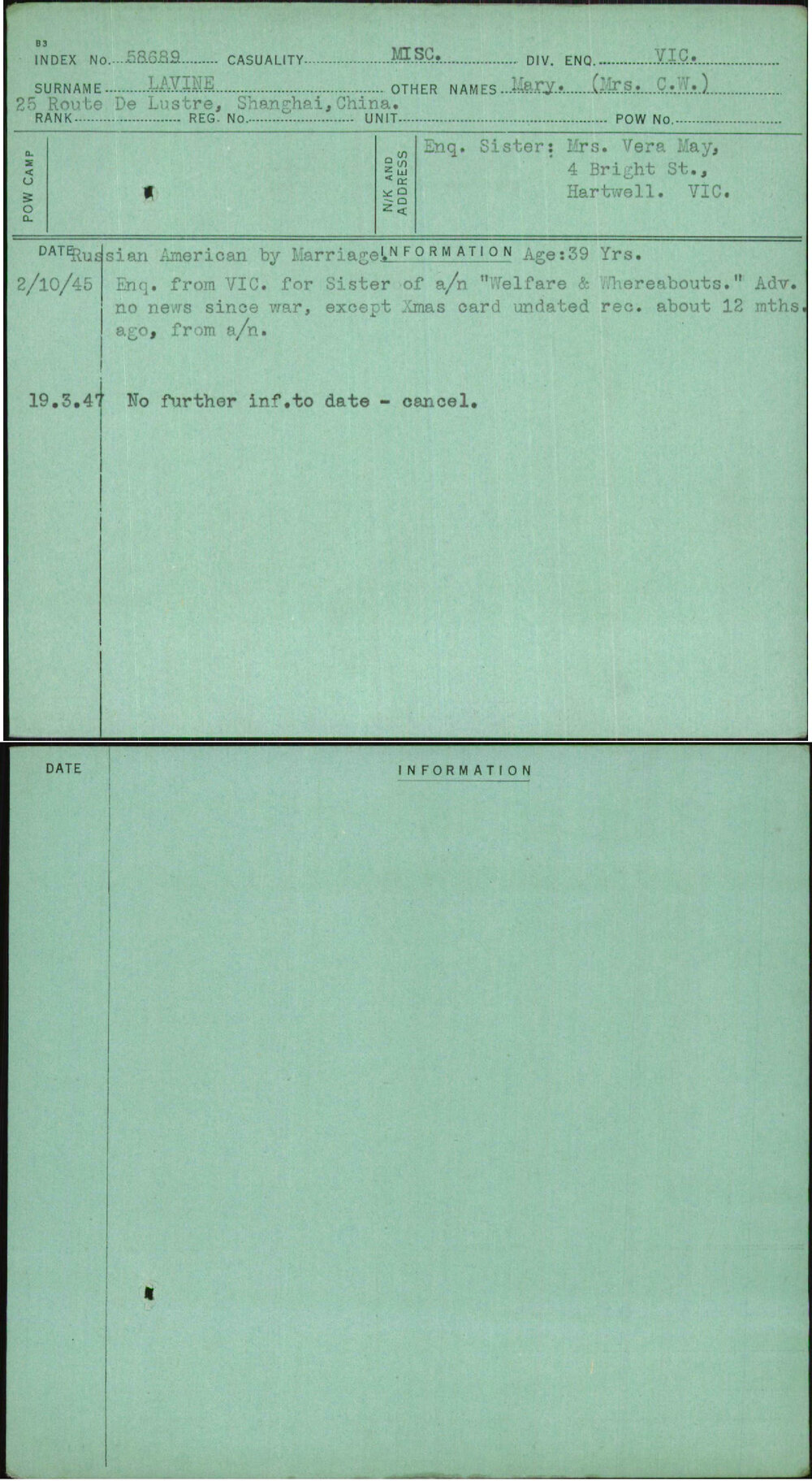 Lavine, Mary (Mrs C W), [No Service Number]