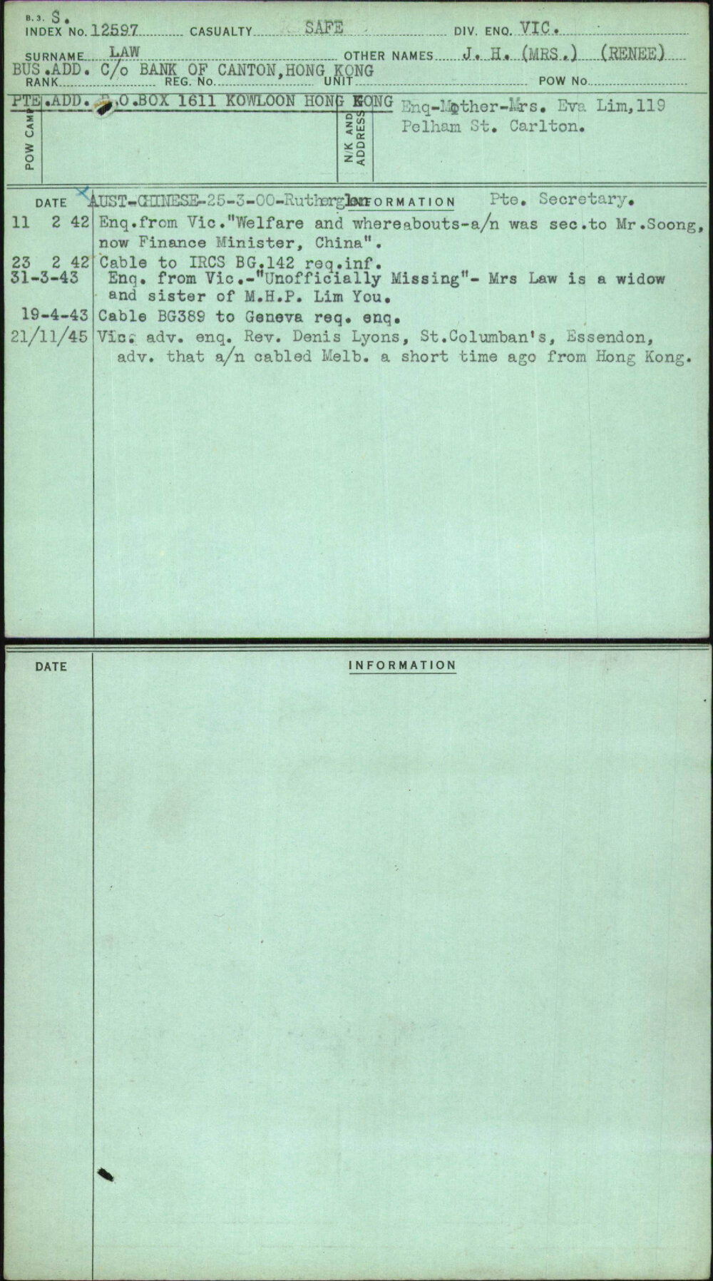 Law, J H (Mrs) (Renee), [No Service Number]