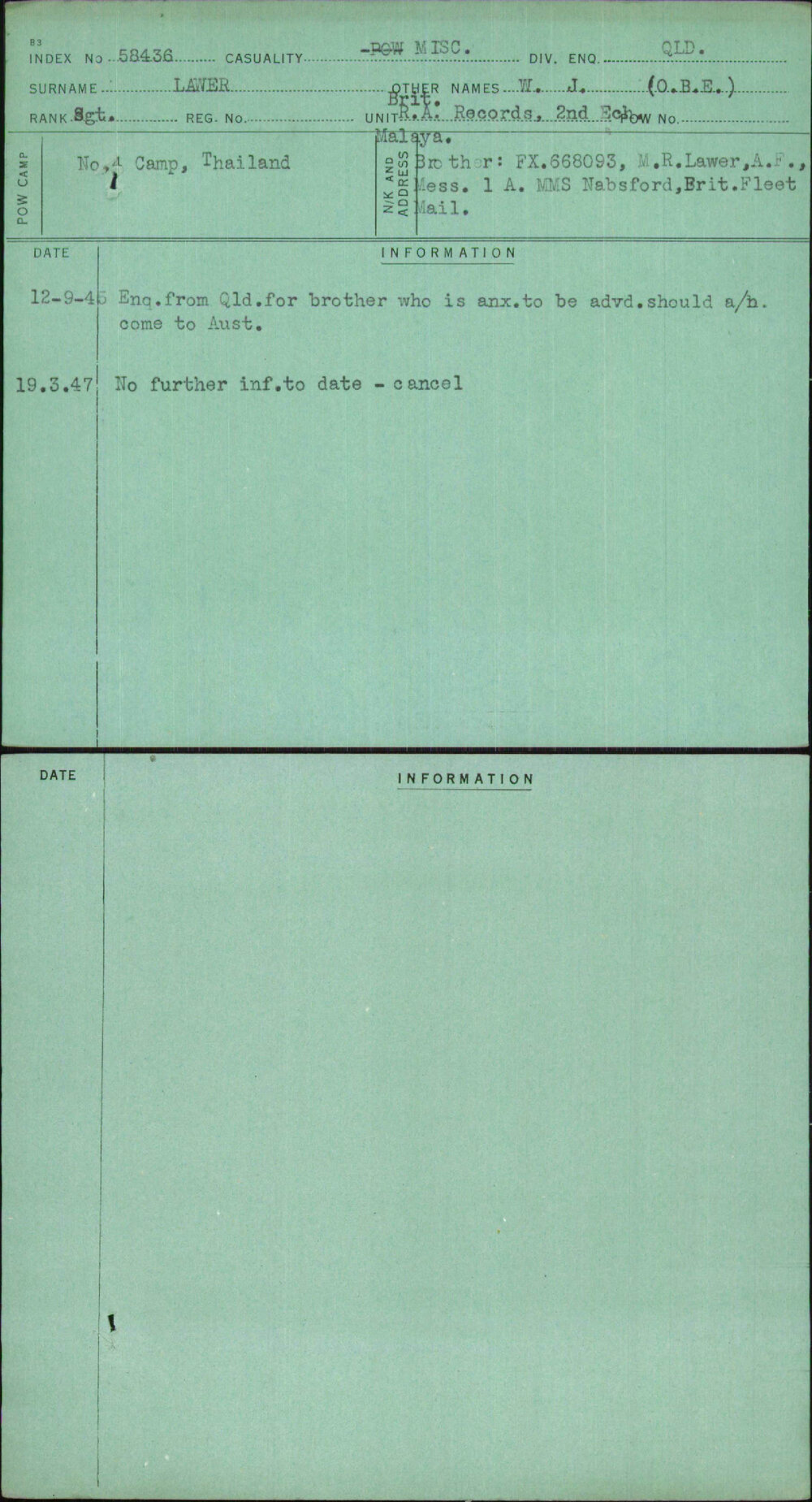 Lawer, W J (O B E), [No Service Number]