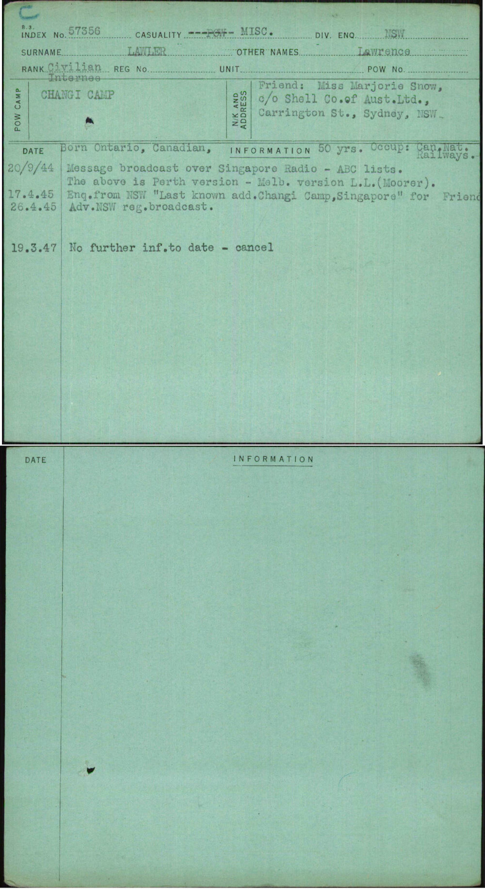 Lawler, Lawrence, [No Service Number]