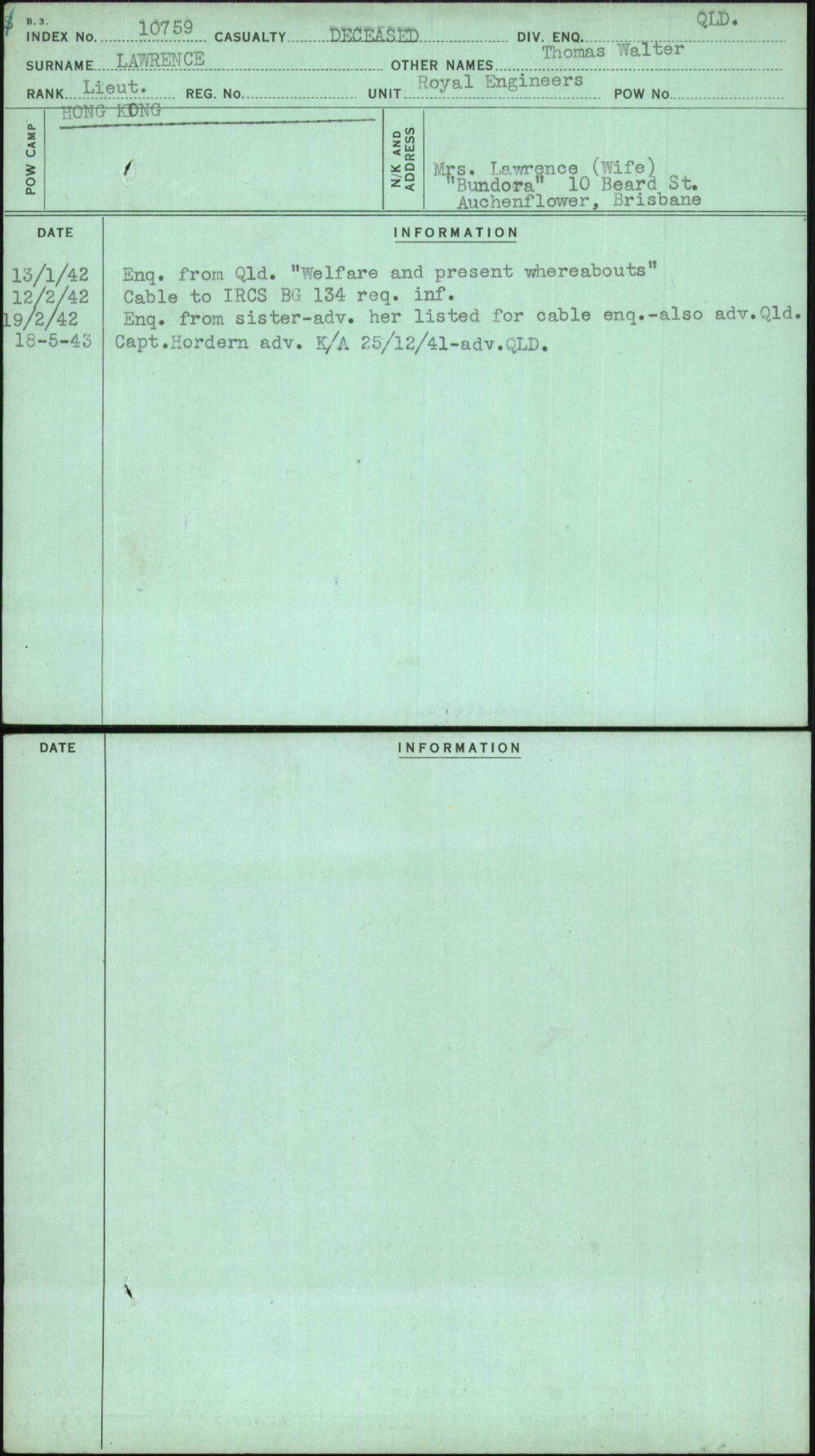 Lawrence, Thomas Walter, [No Service Number]