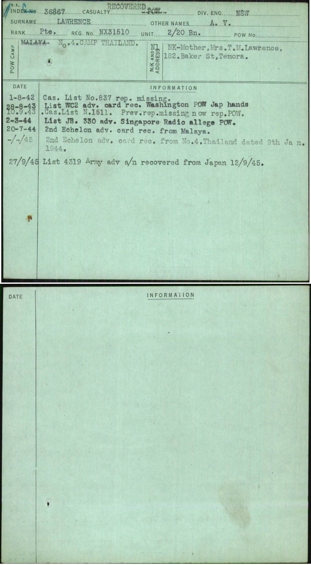 Lawrence, A V, NX31510