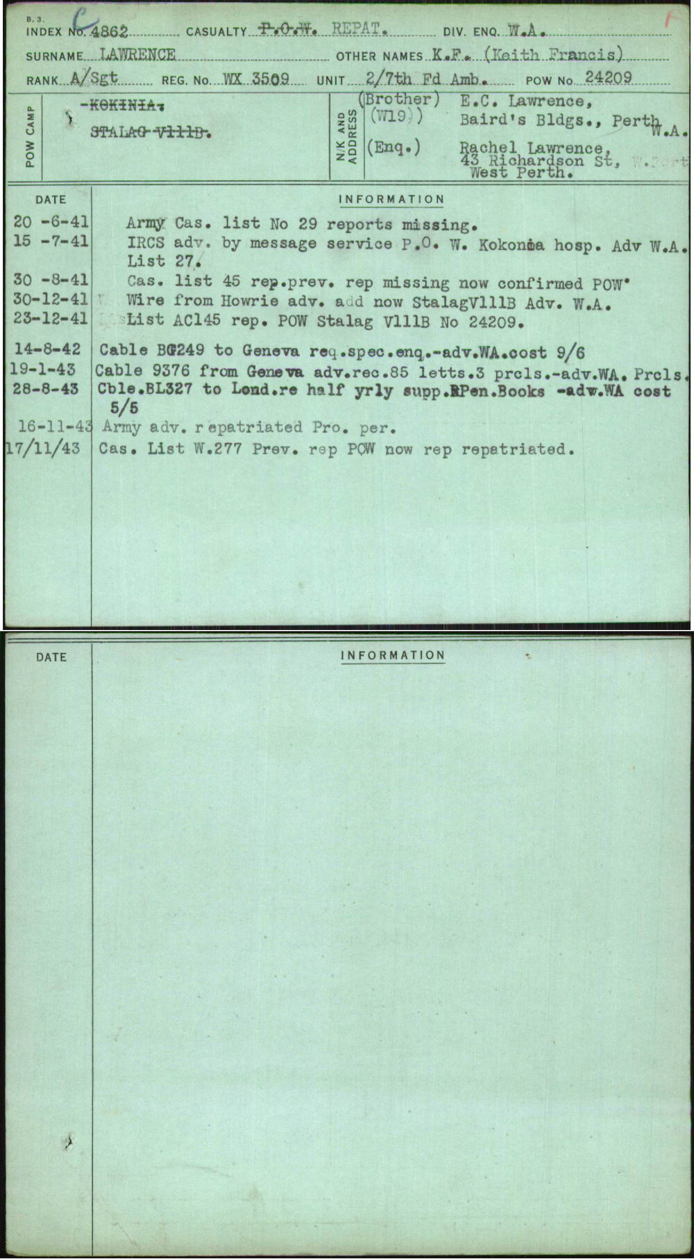 Lawrence, K F (Keith Francis), WX3509
