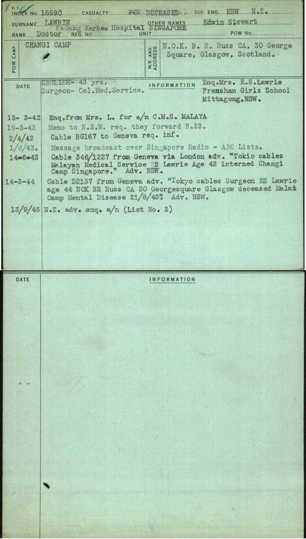 Lawrie, Edwin Stewart, Kadang Kerbau Hospital Singapore