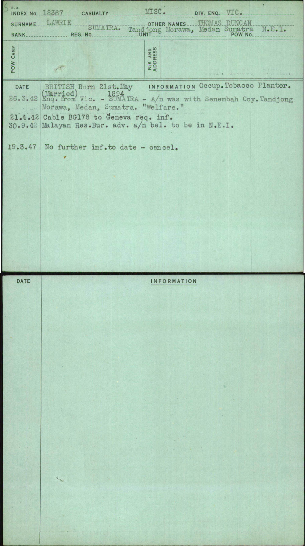 Lawrie, Thomas Duncan, Sumatra