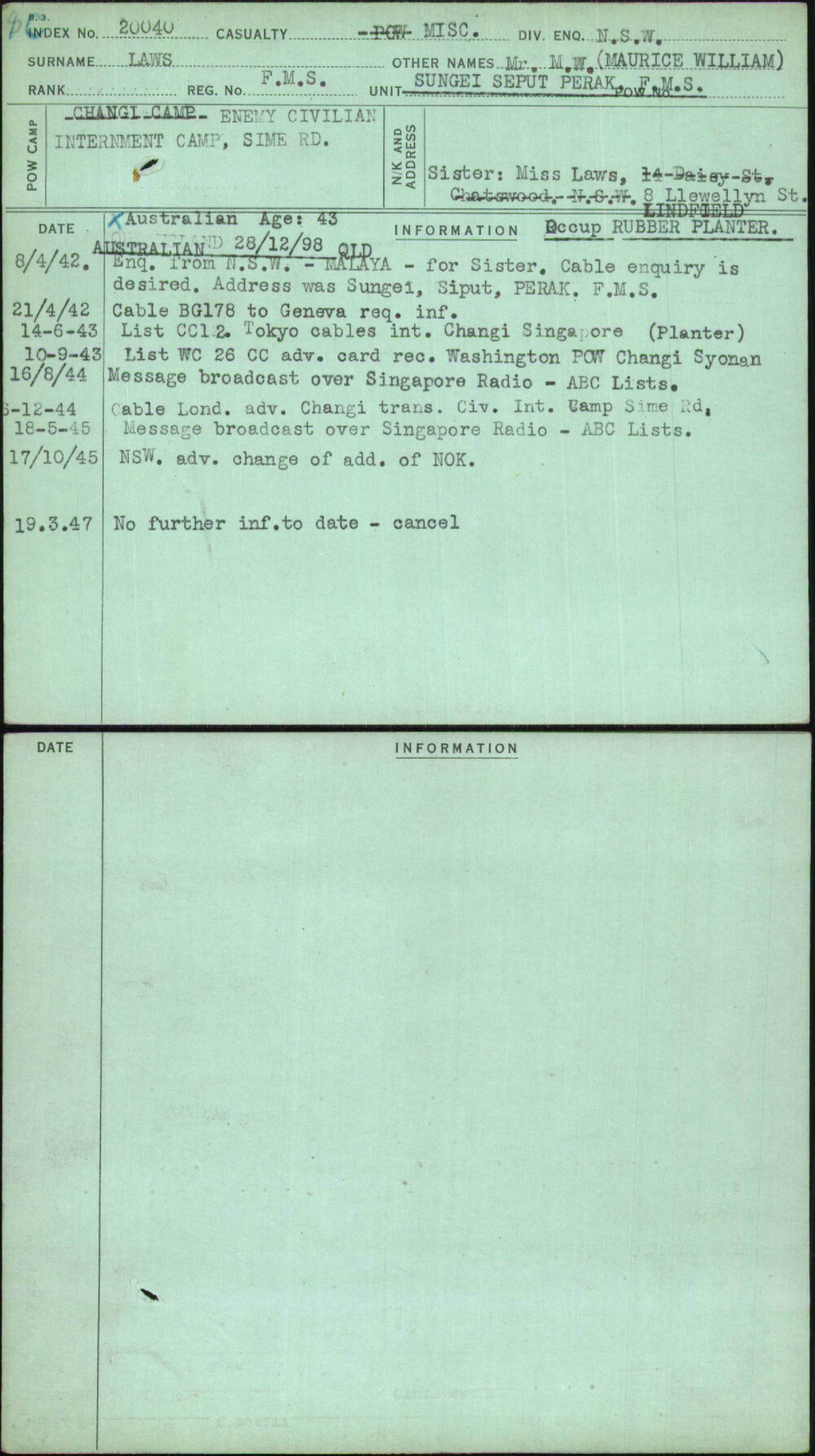 Laws, Mr M W (Maurice William), F M S