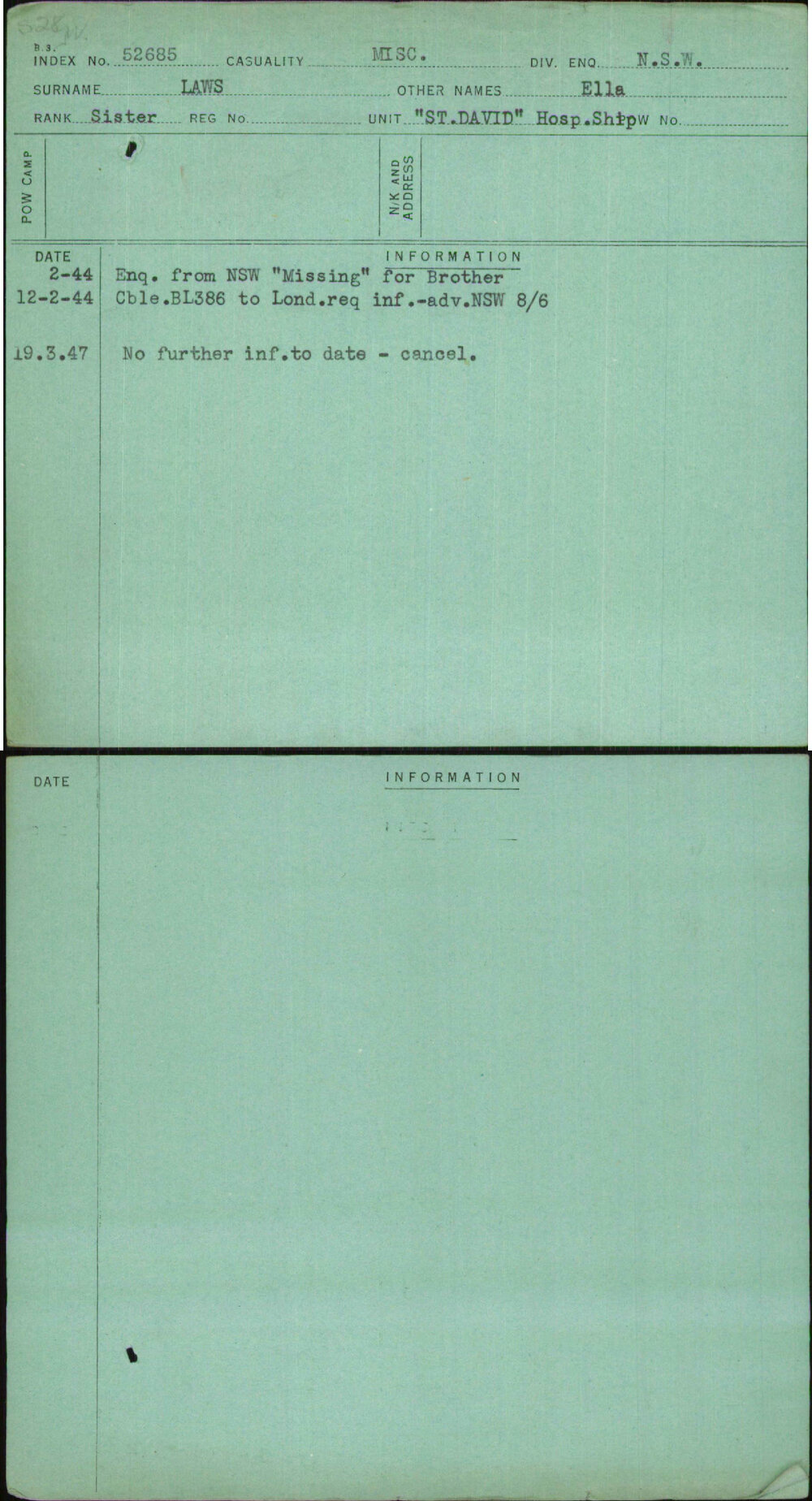 Laws, Ella, [No Service Number]