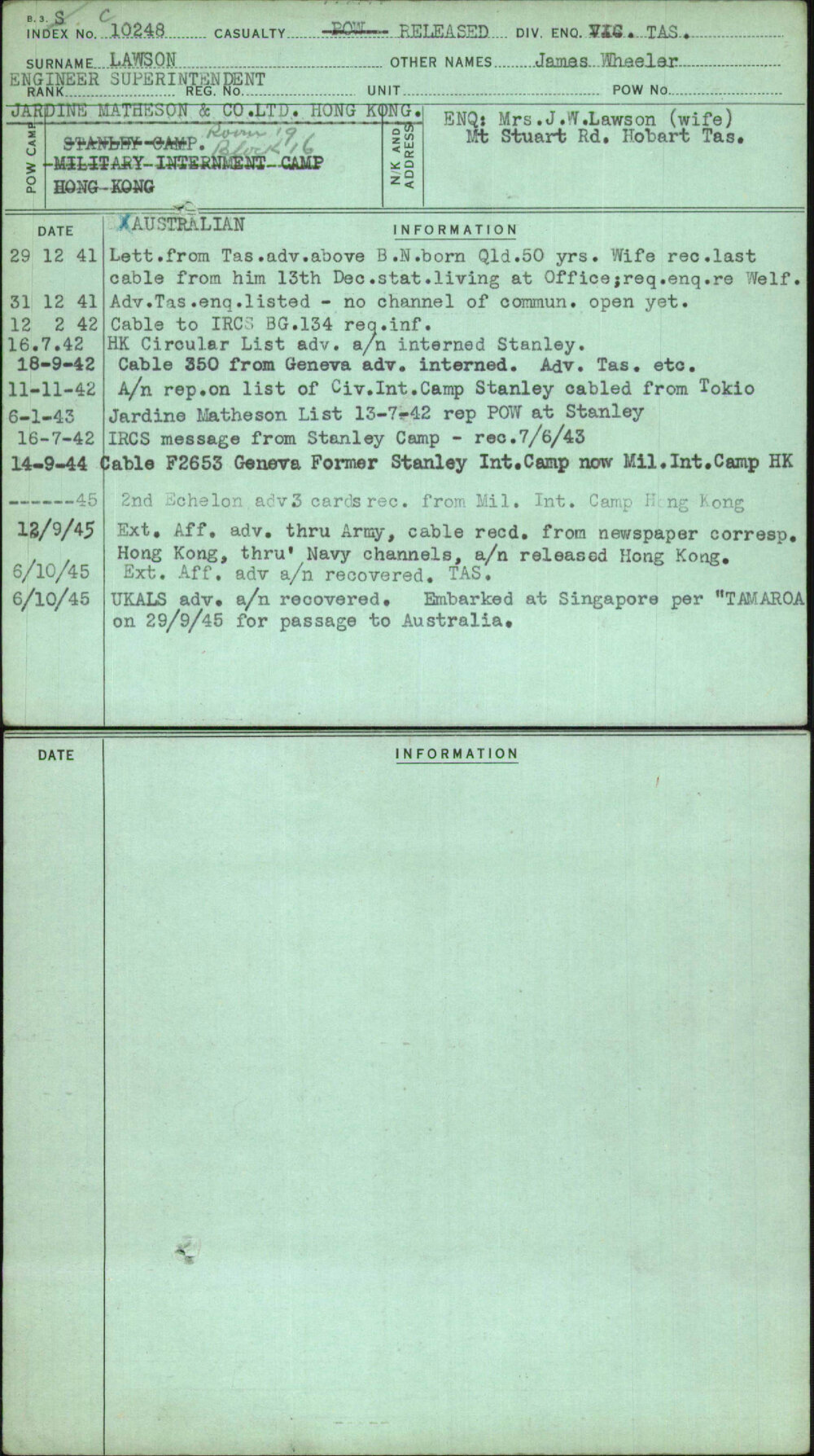 Lawson, James Wheeler, [No Service Number]