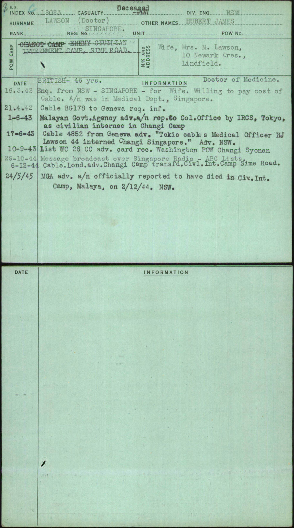 Lawson (Doctor), Hubert James, Singapore