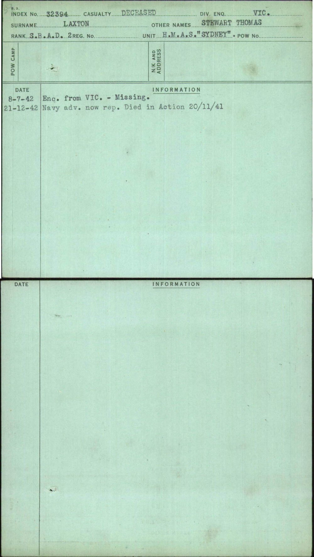 Laxton, Stewart Thomas, [No Service Number]